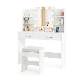 WELLFOR - Vanity Desk Set with Mirror and Lights, Makeup Vanity Table with Stool& Charging Station, Modern Vanity Dressing Table - White