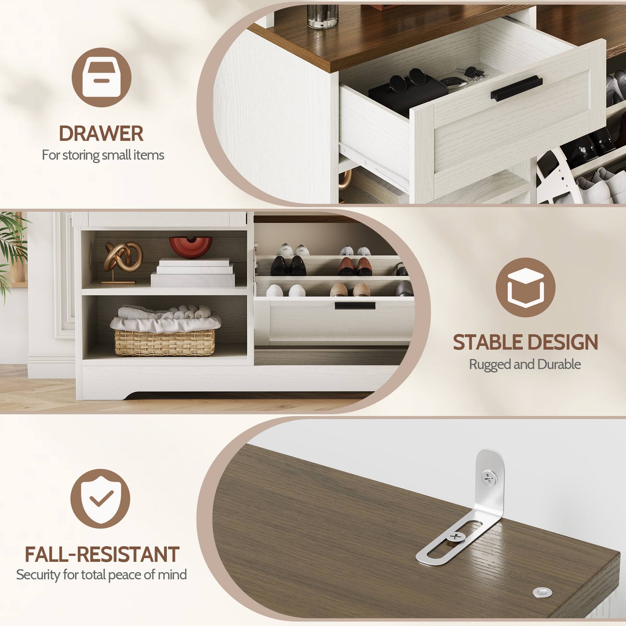 - DRAWER
  - For storing small items

- STABLE DESIGN
  - Rugged and Durable

- FALL-RESISTANT
  - Security for total peace of mind