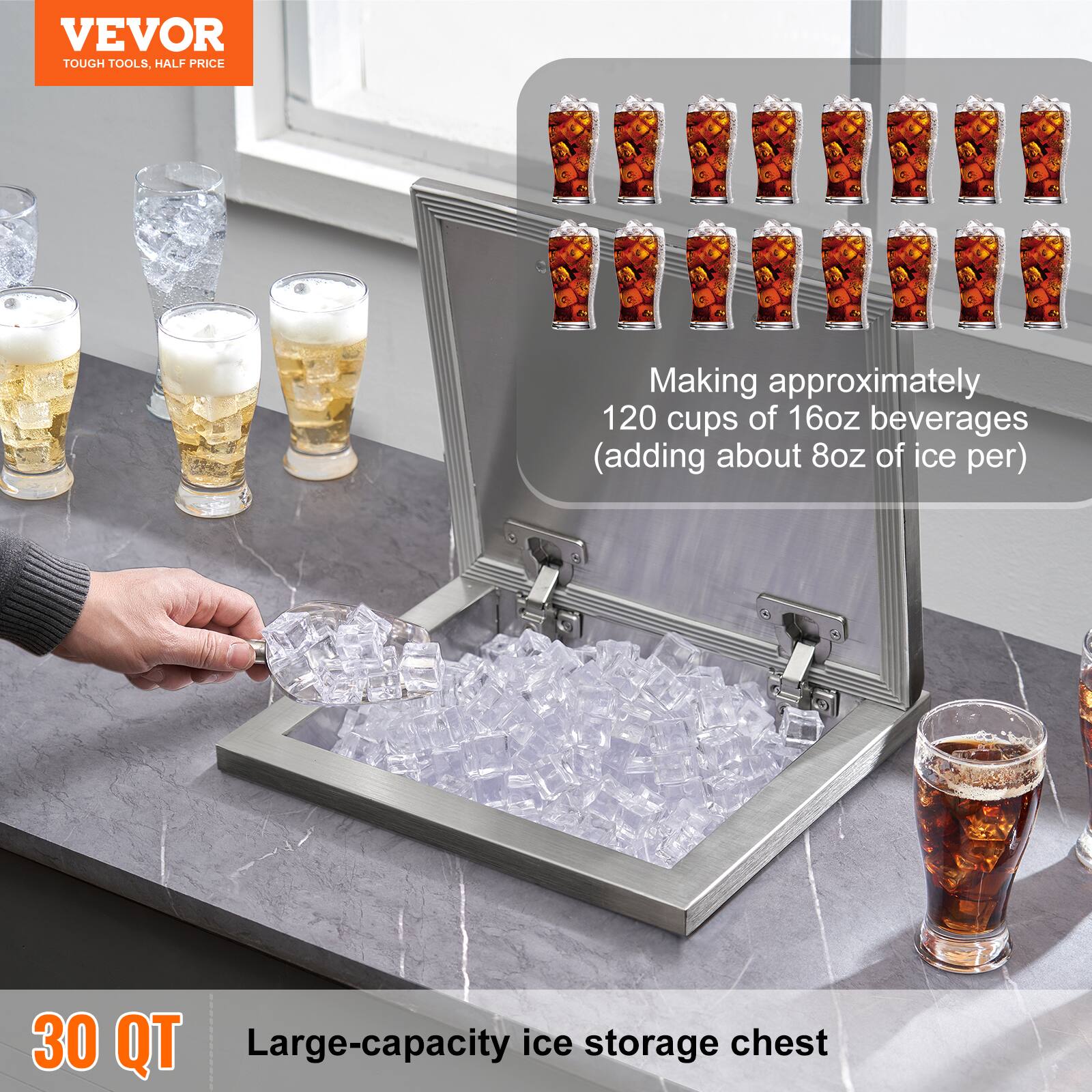 VEVOR  
TOUGH TOOLS, HALF PRICE  

Making approximately 120 cups of 16oz beverages (adding about 8oz of ice per)  

30 QT  
Large-capacity ice storage chest