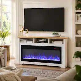 RYHNUYNE - 70 Inch White Fireplace TV Stand With 60 Inch Smart Electric Fireplace, Fits Up To 70 Inch TVs For Living Room - Cream White