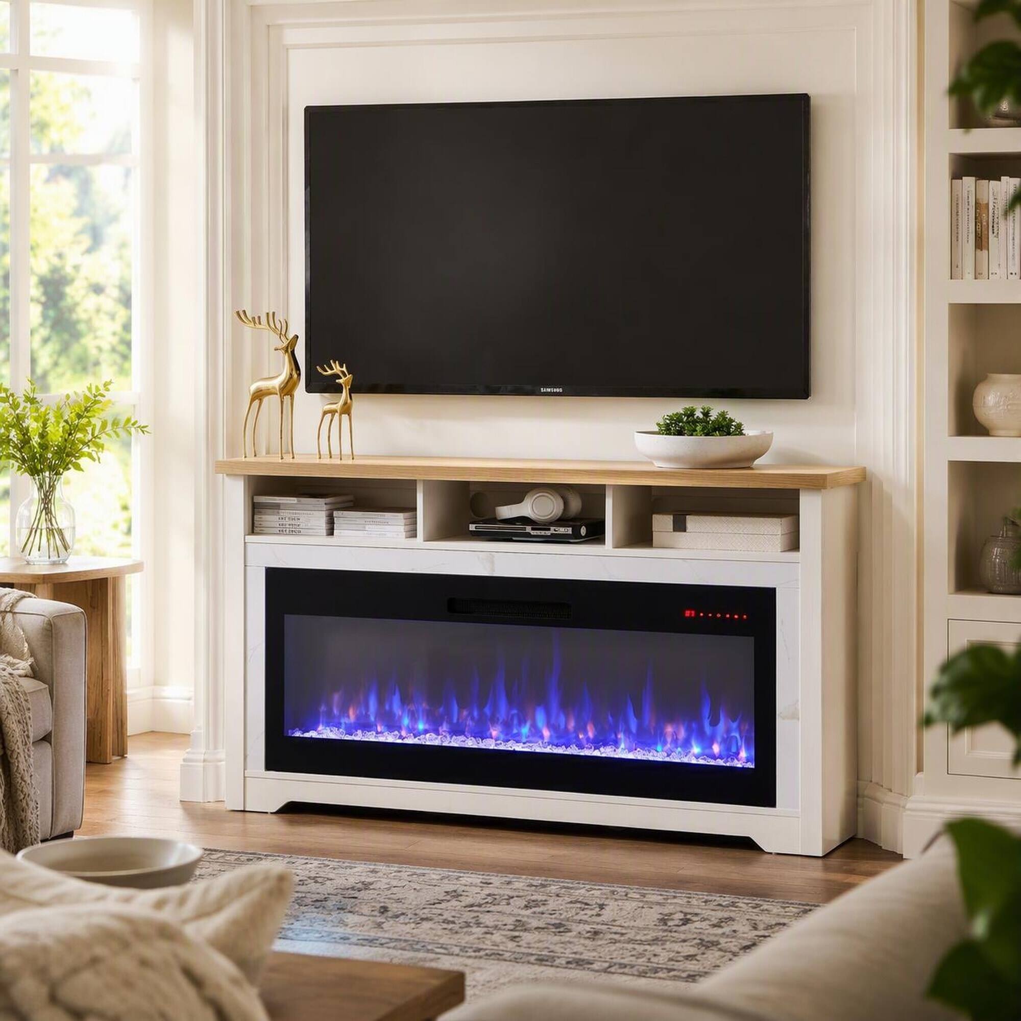 Front. RYHNUYNE - 70 Inch White Fireplace TV Stand With 60 Inch Smart Electric Fireplace, Fits Up To 70 Inch TVs For Living Room - Cream White.