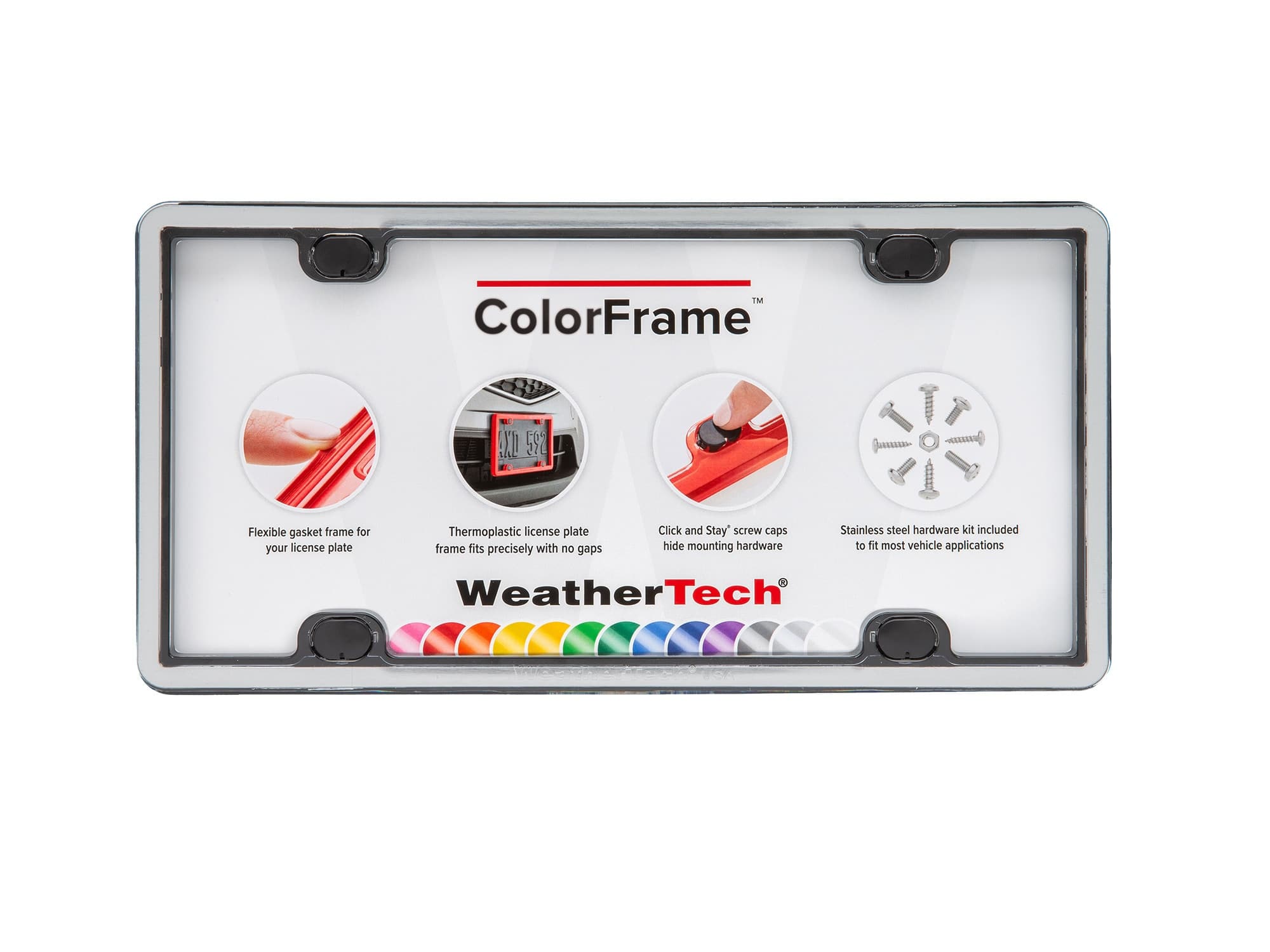 WeatherTech - ColorFrame | License Plate Frame with Multi-Flex Gasket and Stainless Steel Hardware - Brushed Stainless / Black
