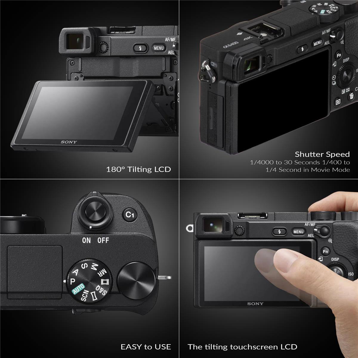 - 180° Tilting LCD
- Shutter Speed: 1/4000 to 30 Seconds, 1/400 to 1/4 Second in Movie Mode
- EASY to USE
- The tilting touchscreen LCD