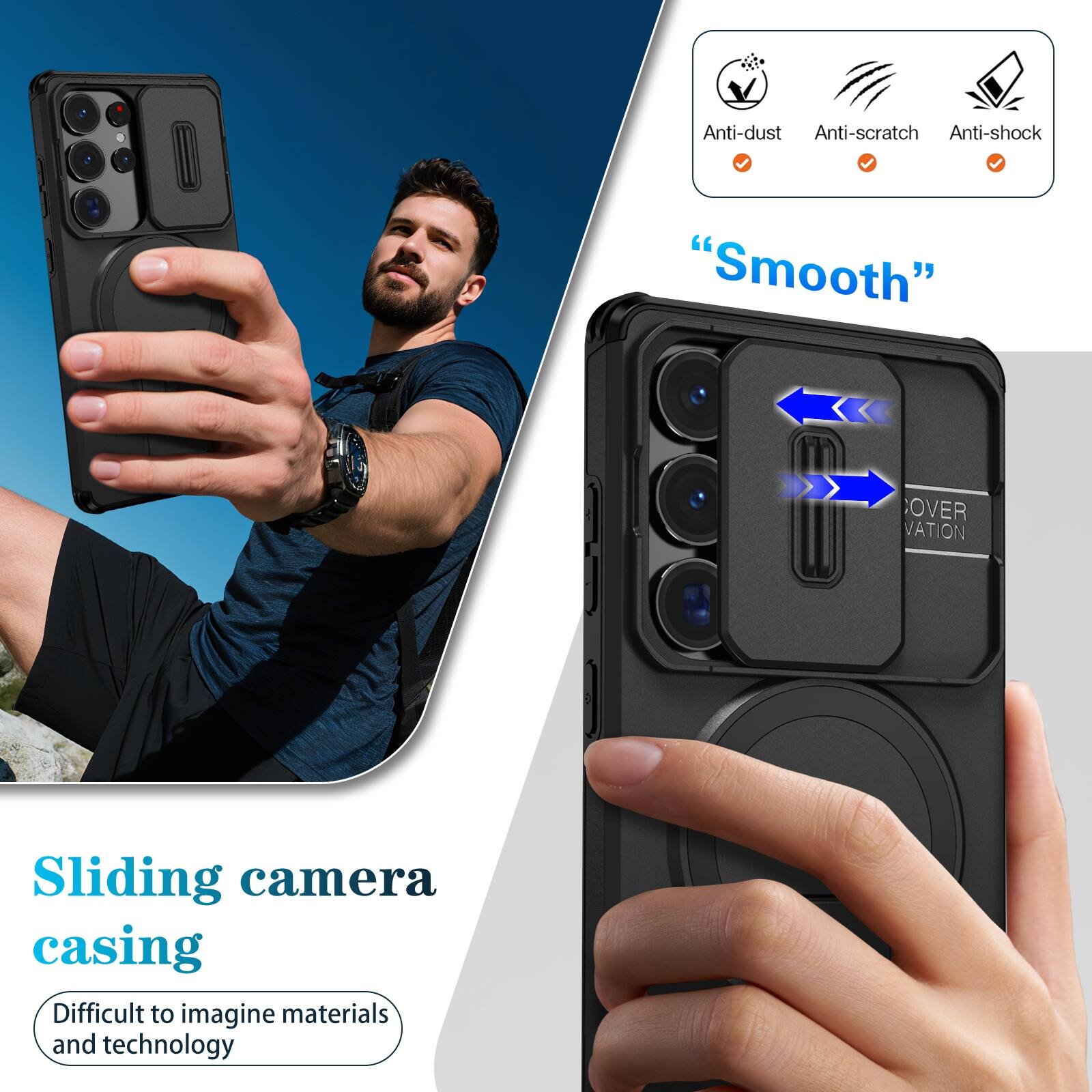 Anti-dust  
Anti-scratch  
Anti-shock  

"Smooth"  

Sliding camera casing  
Difficult to imagine materials and technology