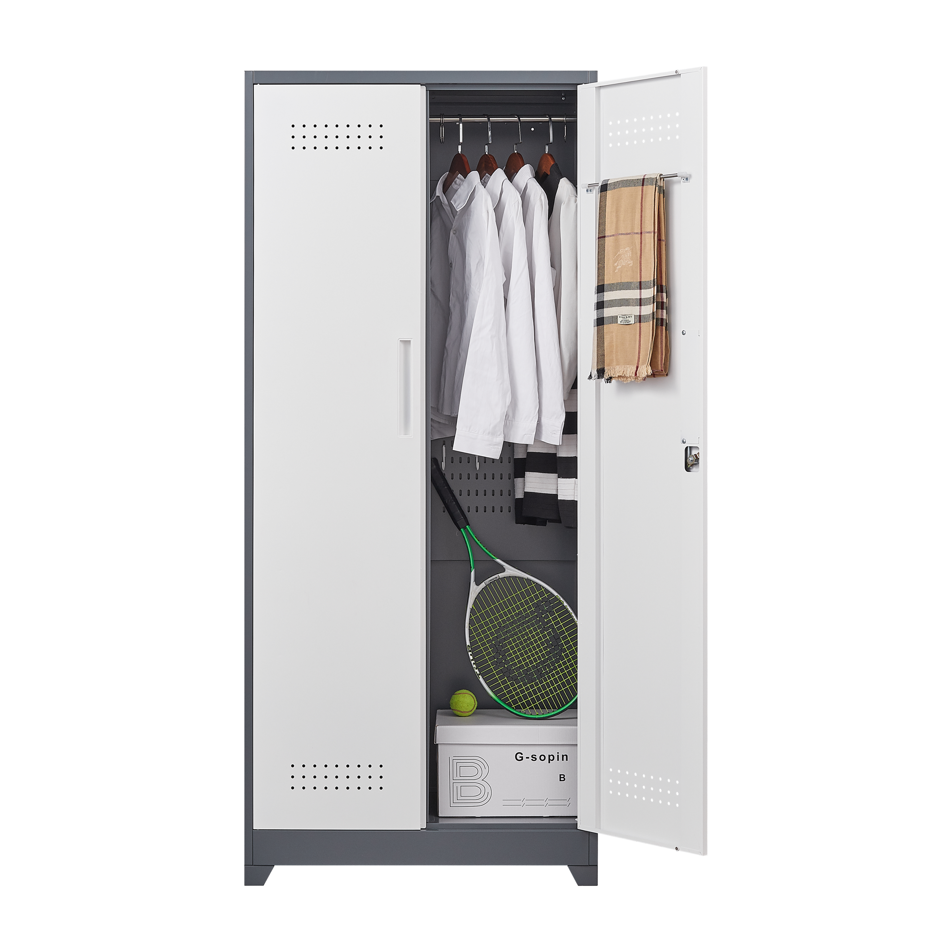 Angle. Forest'nSky - 72" Gray & White Metal Locking Storage Cabinet - Adjustable Shelves for Cleaning Tools, Office, Shop - White&Grey.