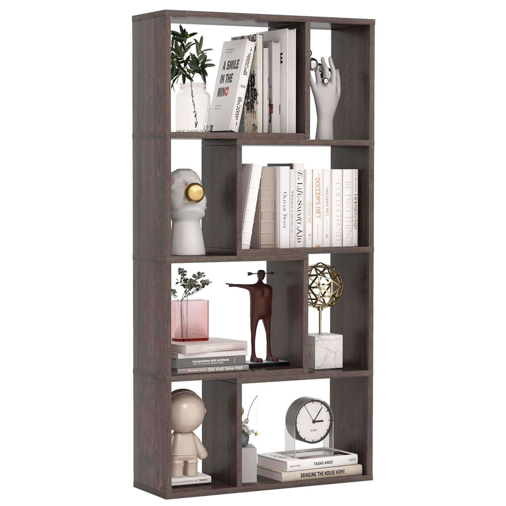 Costway - 48" Geometric Bookshelf Open-back Bookcase with 8 Cubes 2 Anti-Toppling Devices - Grey