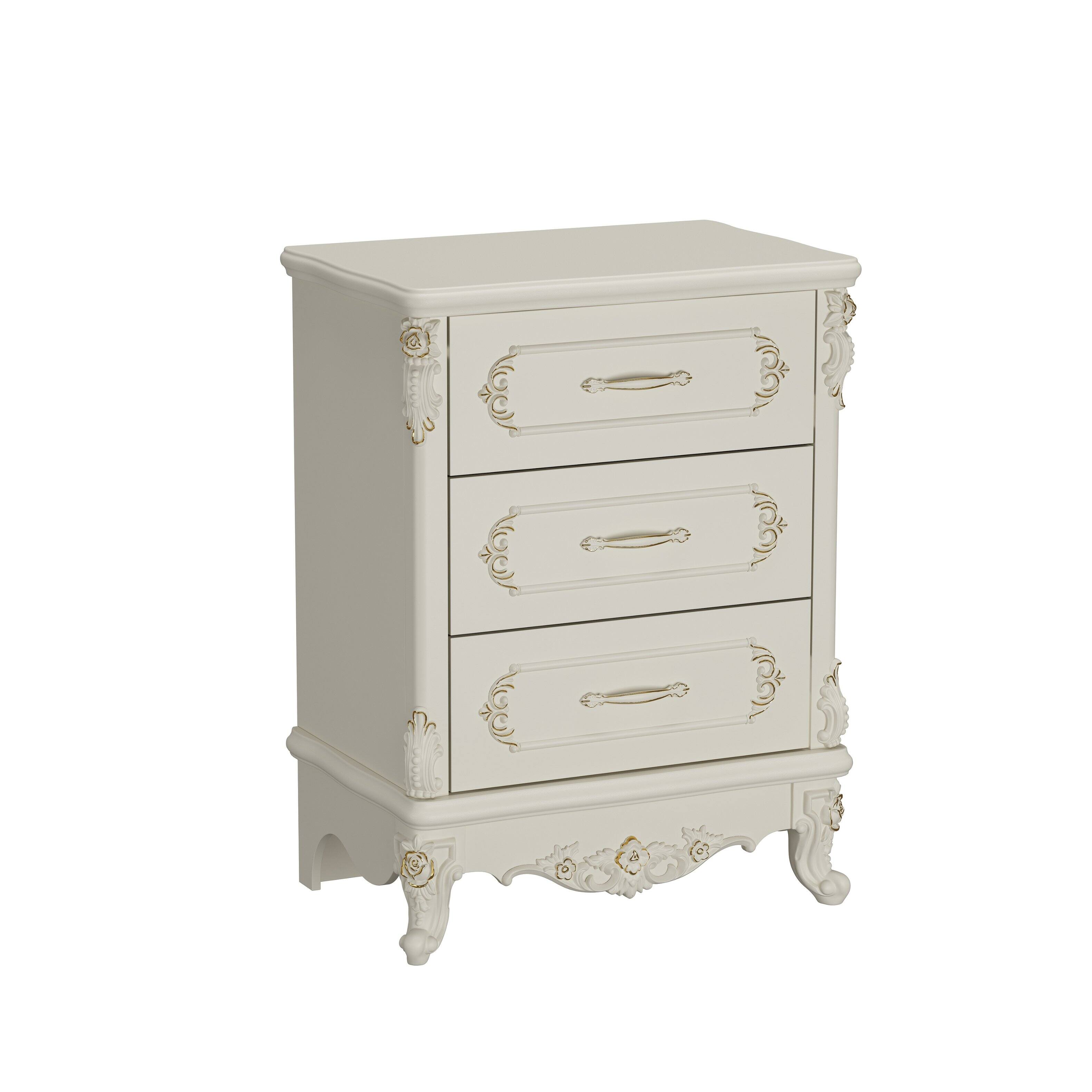 Angle. Famapy - European Style 3-Drawer Dresser with Gold-Accent Carved Details, Ivory White Finish - White.
