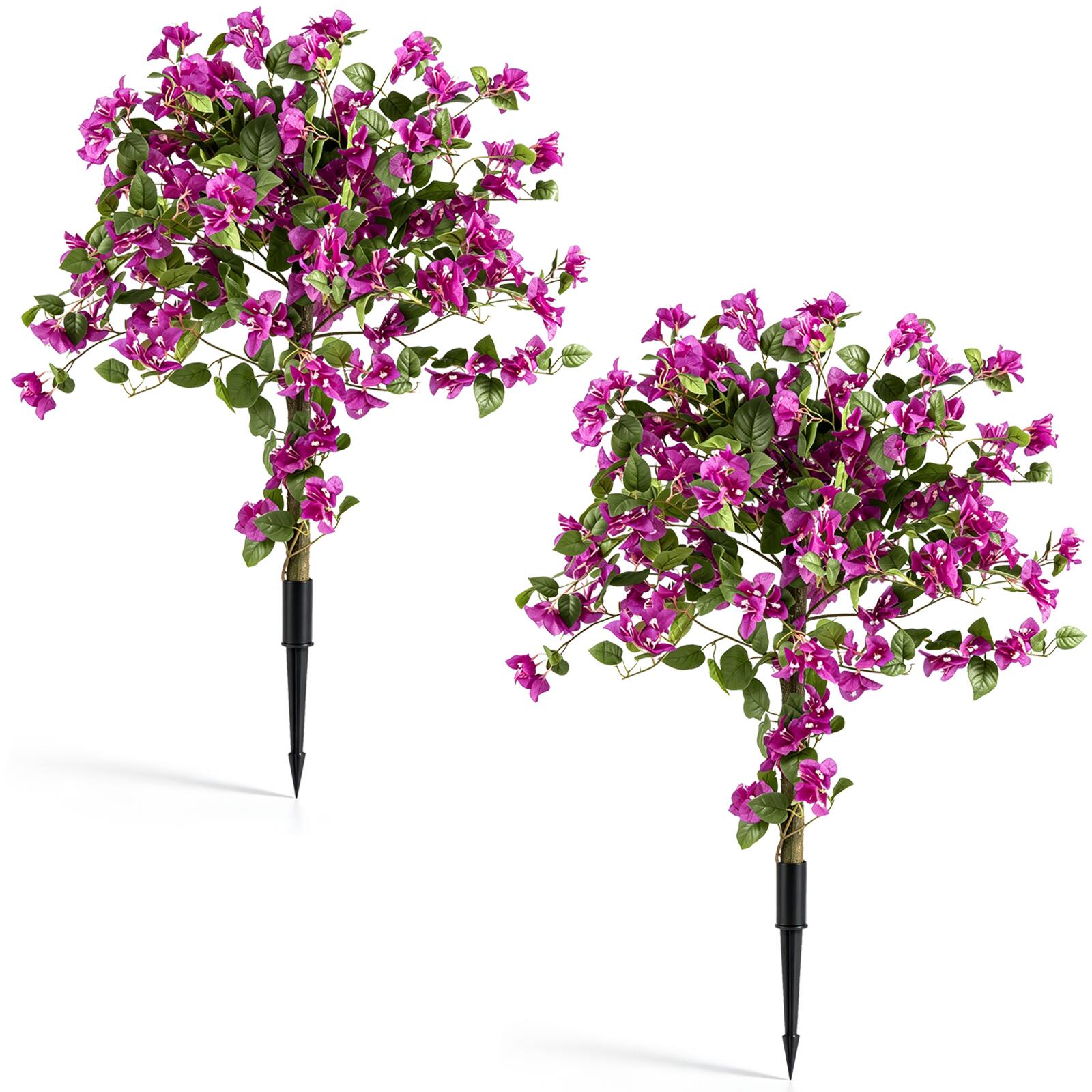 Costway - 2 Pack Bougainvillea Artificial Trees with Stable Ground Spike, PE Trunks for Porch - Pink + Green + Black