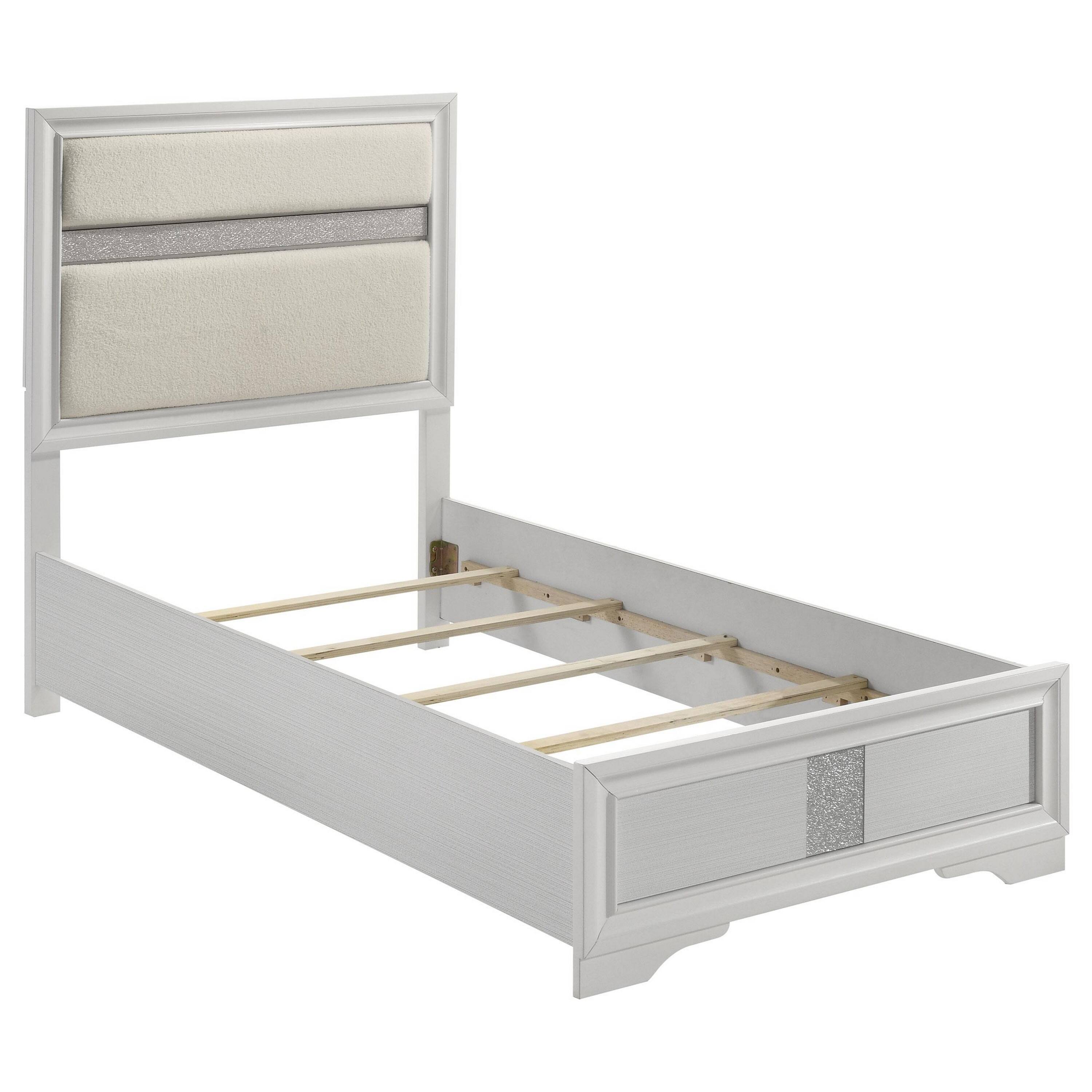 Front. Manhattan Lane - Vino Twin Size Bed, Panel Headboard, White Upholstery, Glitter Stripes - White.