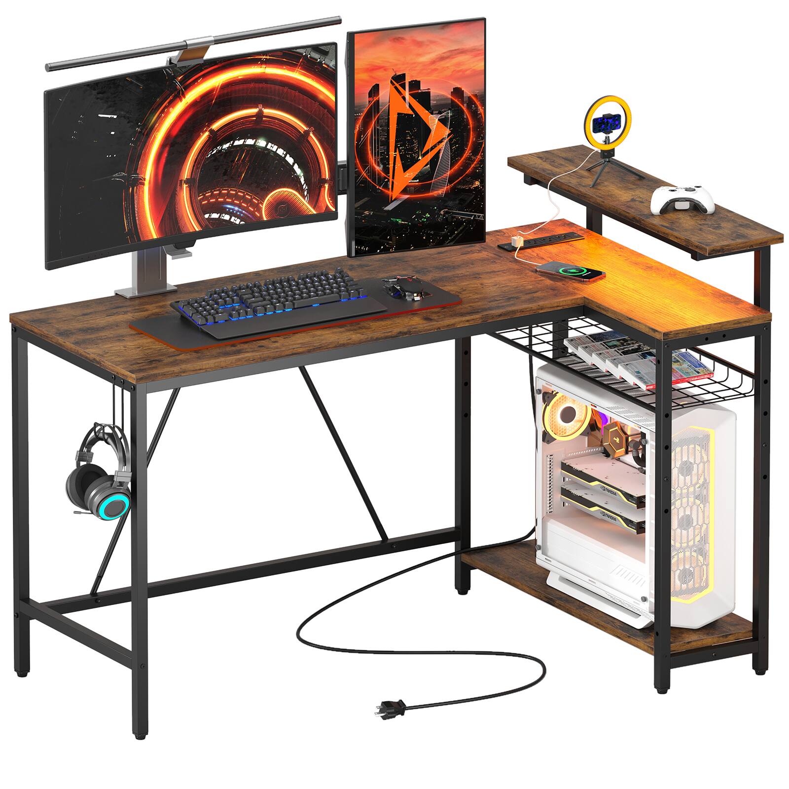 Alt View 11. Bestier - L-Shaped Computer Desk with Power Outlets, Led Lights, and Monitor Stand - 52" Wide - RusticBrown.