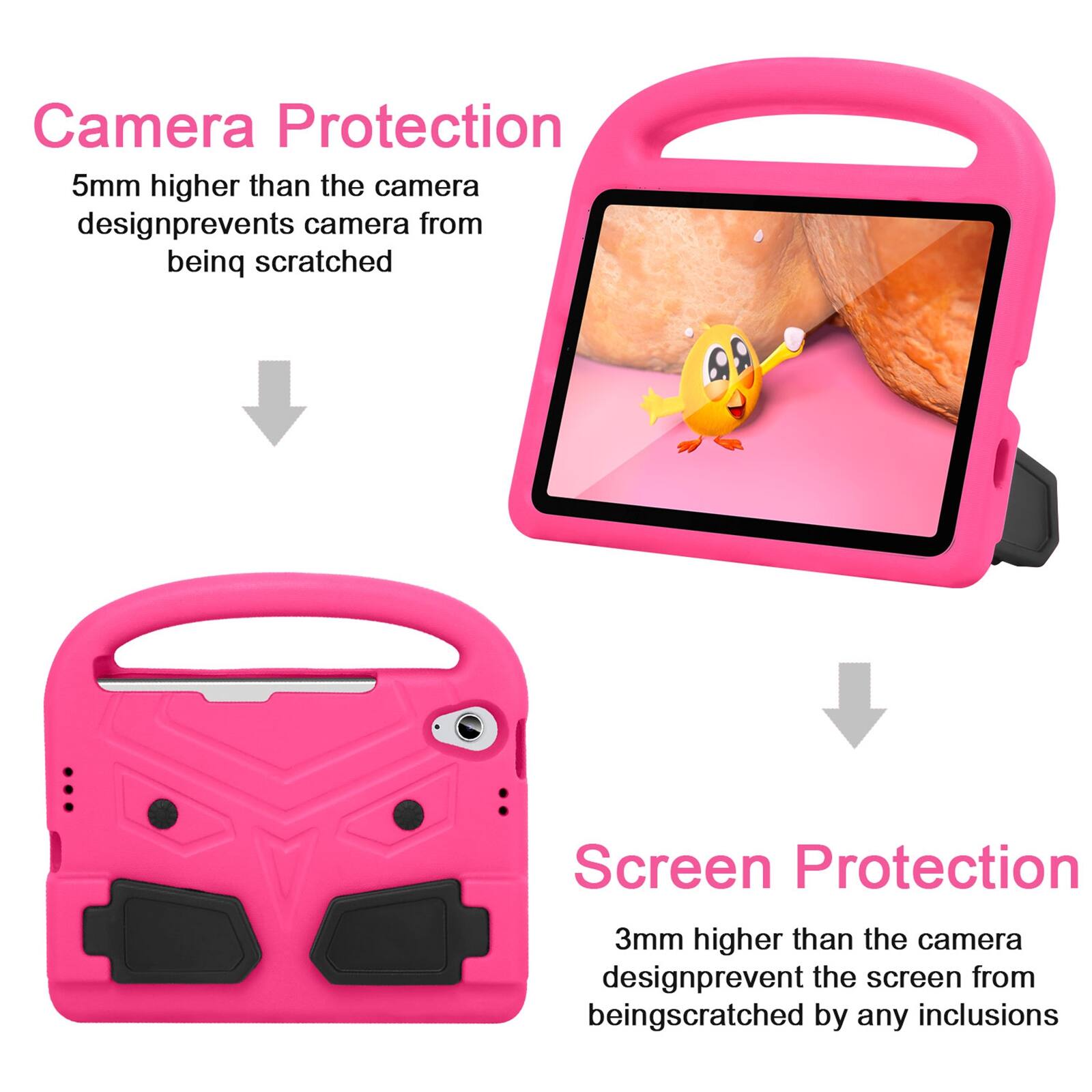 Camera Protection  
5mm higher than the camera design prevents camera from being scratched  

Screen Protection  
3mm higher than the camera design prevents the screen from being scratched by any inclusions