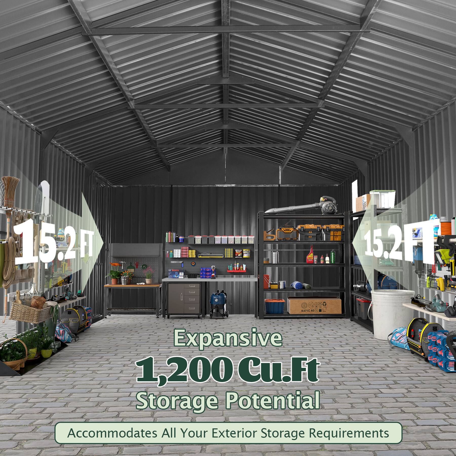 15.2 ft x 15.2 ft - Expansive 1,200 Cu.Ft Storage Potential Accommodates All Your Exterior Storage Requirements