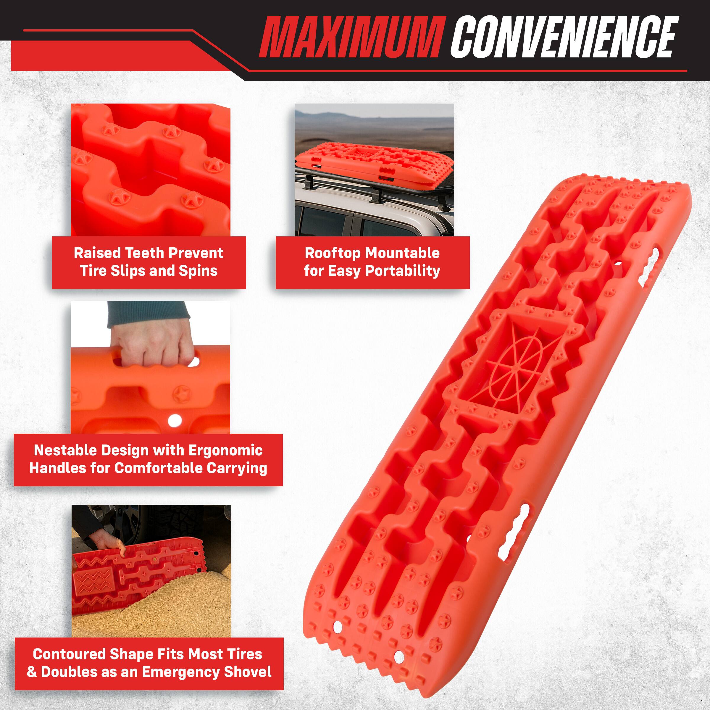 MAXIMUM CONVENIENCE

- Raised Teeth Prevent Tire Slips and Spins
- Rooftop Mountable for Easy Portability
- Nestable Design with Ergonomic Handles for Comfortable Carrying
- Contoured Shape Fits Most Tires & Doubles as an Emergency Shovel