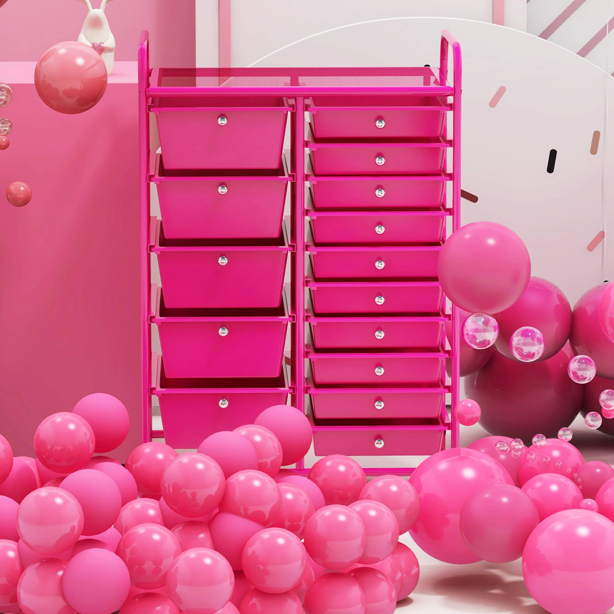 Angle. Costway - 15 Drawer Rolling Storage Cart Mobile Cart with Colorful Drawers & Metal Frame - Hot Pink.