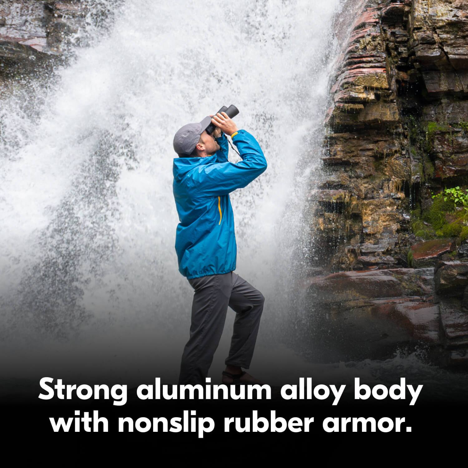 Strong aluminum alloy body with nonslip rubber armor.