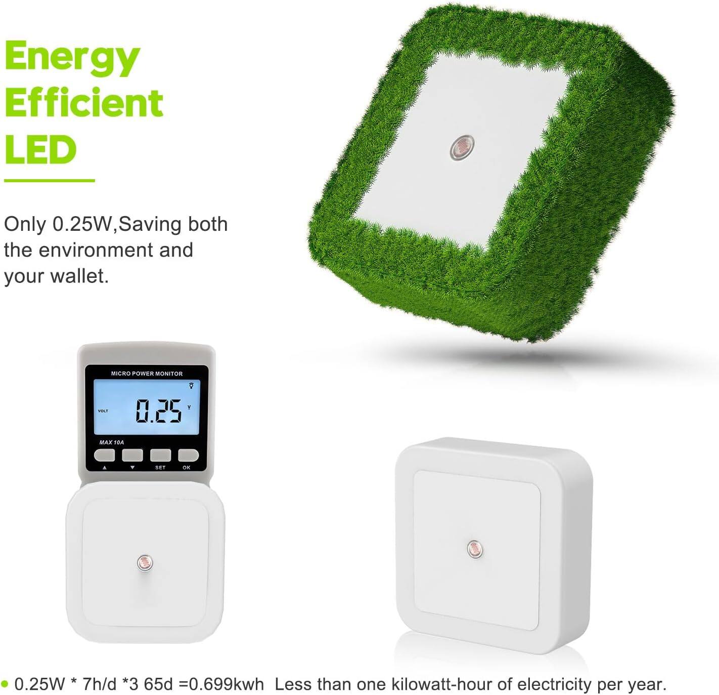 Energy Efficient LED Only 0.25W, Saving both the environment and your wallet. MER POWER MONITOR ! 0.25 WAR TH SET OE A 0.25W 7h/d *3 65d =0.699kwh Less than one kilowatt-hour of electricity per year.