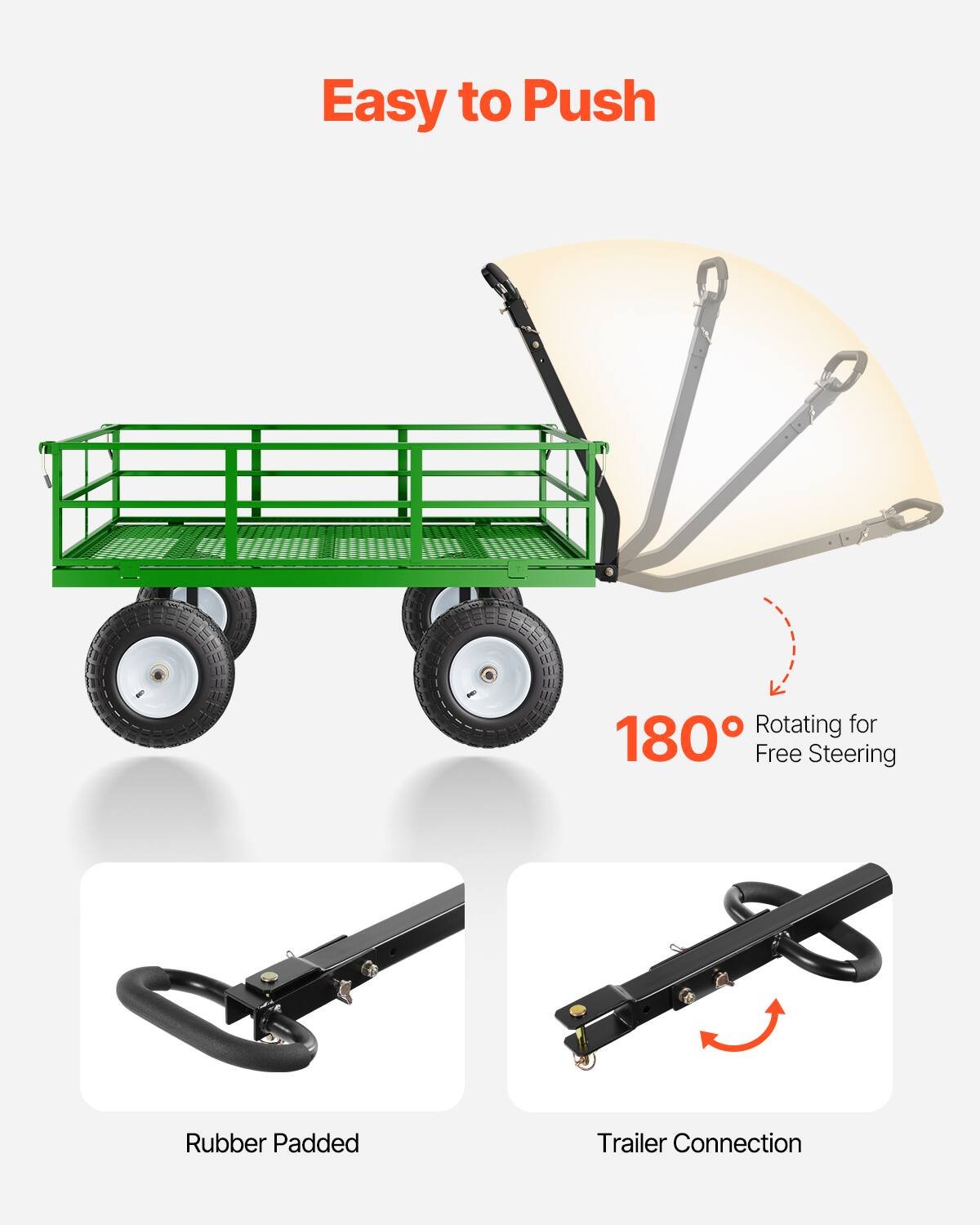 Easy to Push, Rotating for 180° Free Steering, Rubber Padded, Trailer Connection