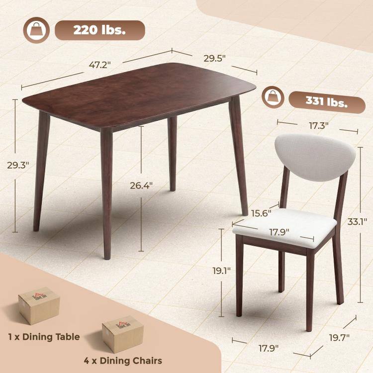 220 lbs.
47.2"
29.5"
331 lbs.
17.3"
29.3"
26.4"
15.6" 17.9"
33.1"
19.1"
1 X Dining Table 4 X Dining Chairs
17.9"
19.7"