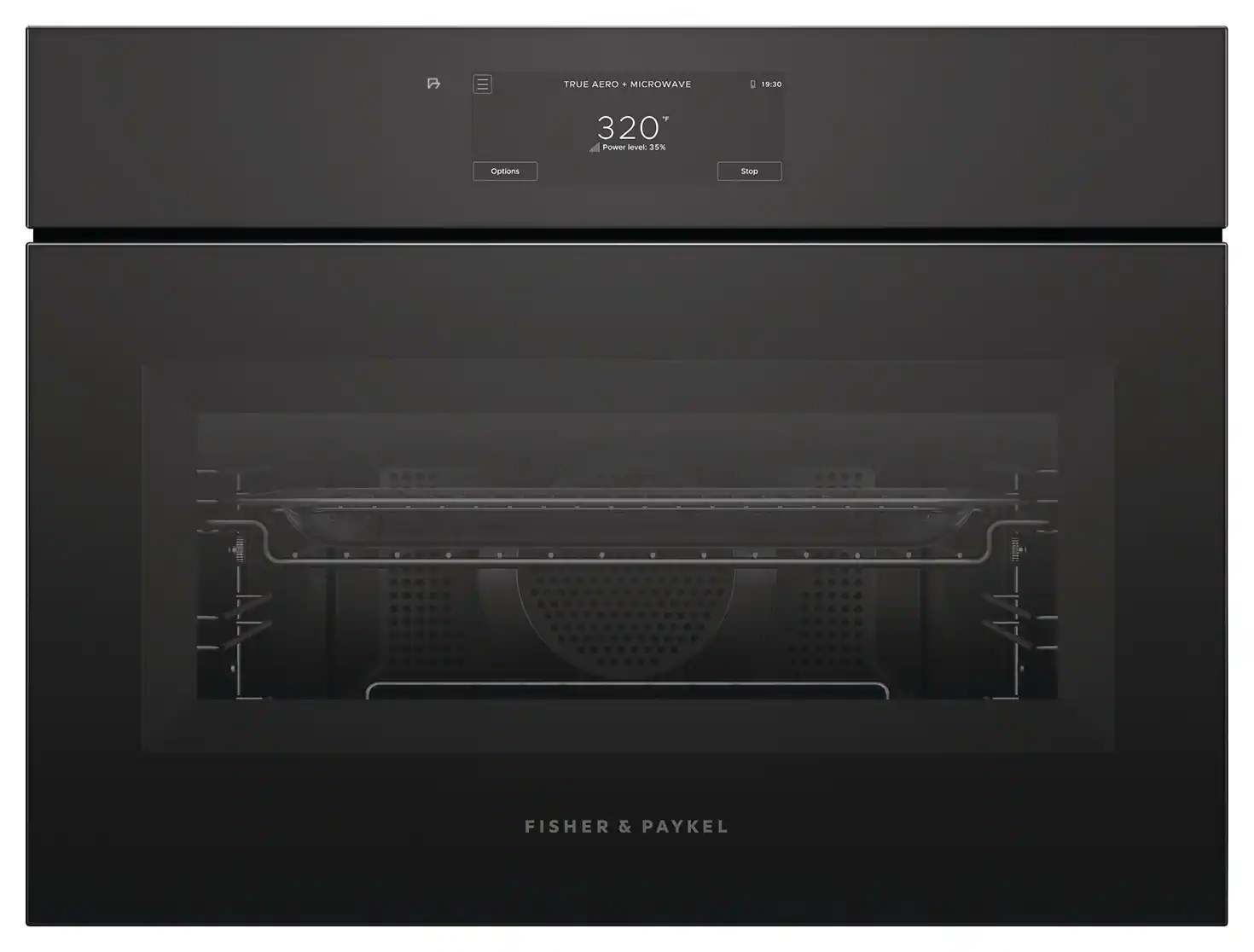 TRUE AERO MICROWAVE  
19:30  
320°  
Power level: 35%  
Options  
Stop  

FISHER & PAYKEL