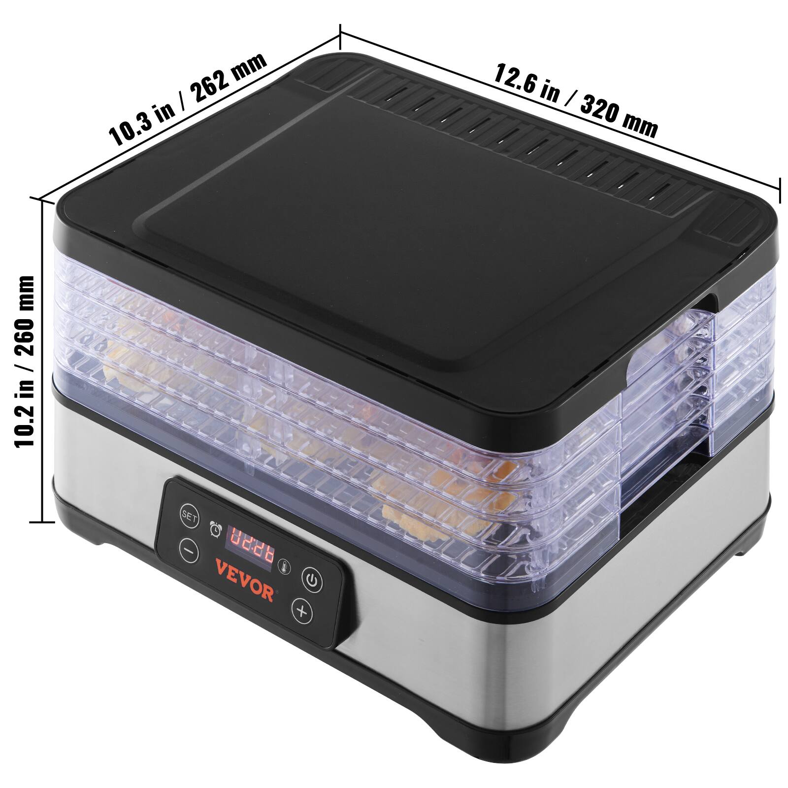 10.3 in / 262 mm  
12.6 in / 320 mm  
10.2 in / 260 mm  

VEVOR  
02:28