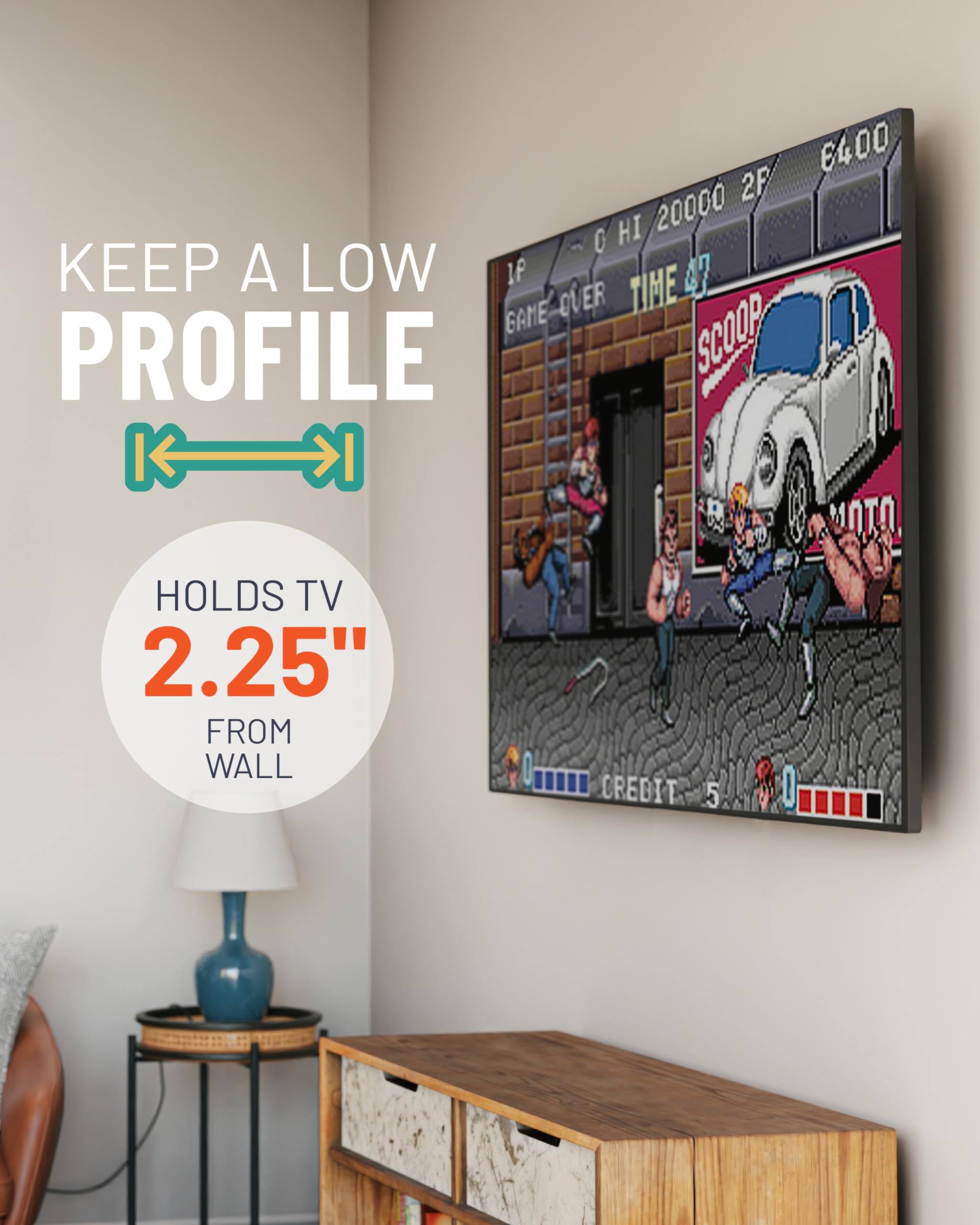 KEEP A LOW PROFILE, HOLDS TV 2.25" FROM WALL, TIME 47, GAME OVER, CREDIT 5, 6400, 2F, HI 20000, SCOOP, IP, OTO