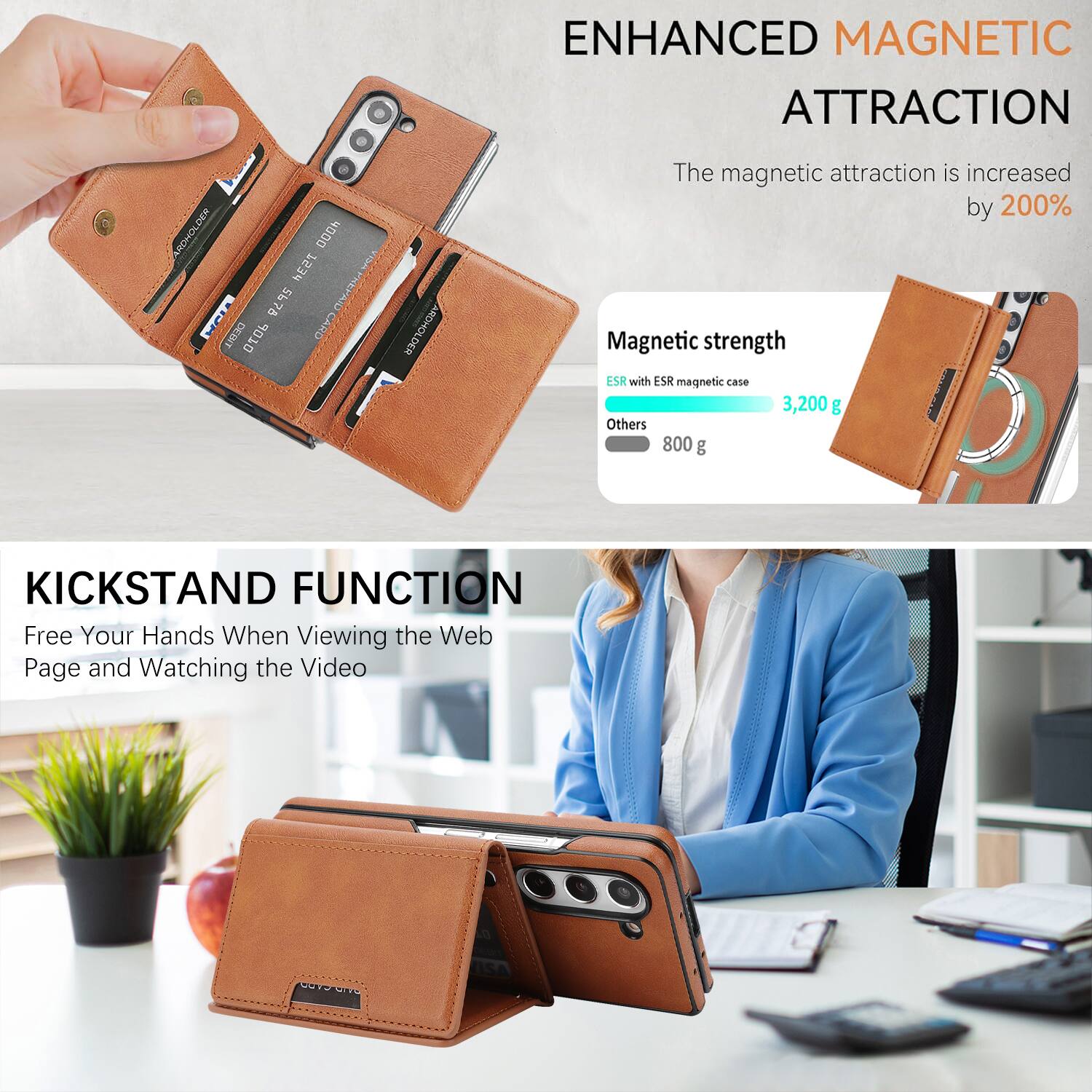 ENHANCED MAGNETIC ATTRACTION

The magnetic attraction is increased by 200%

Magnetic strength
- ESR with ESR magnetic case: 3,200 g
- Others: 800 g

KICKSTAND FUNCTION

Free Your Hands When Viewing the Web Page and Watching the Video