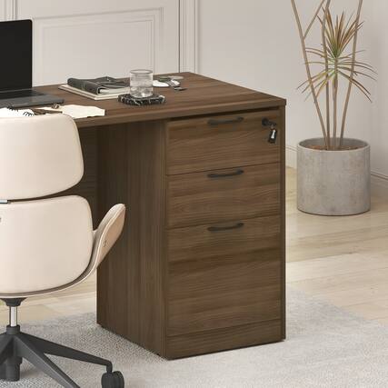 Front. Furinno - ROGER File Cabinet, 3-Drawer Fixed Pedestal Filing Cabinet with Lock, Soft-Close Drawers, for Home Office - Modern Walnut.