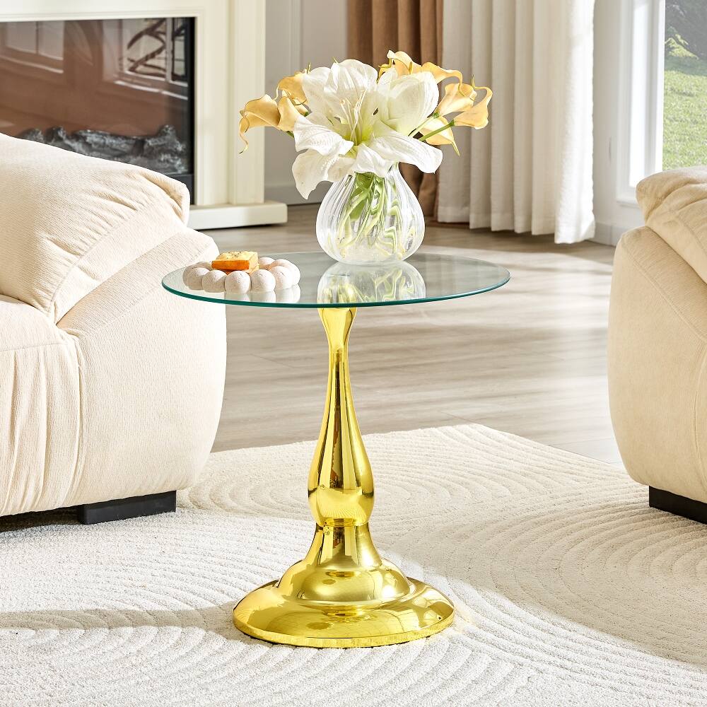 Alt View 2. Loheer - Loheer Small Metal Side Table Round Glass Top Gold End Table - Gold.
