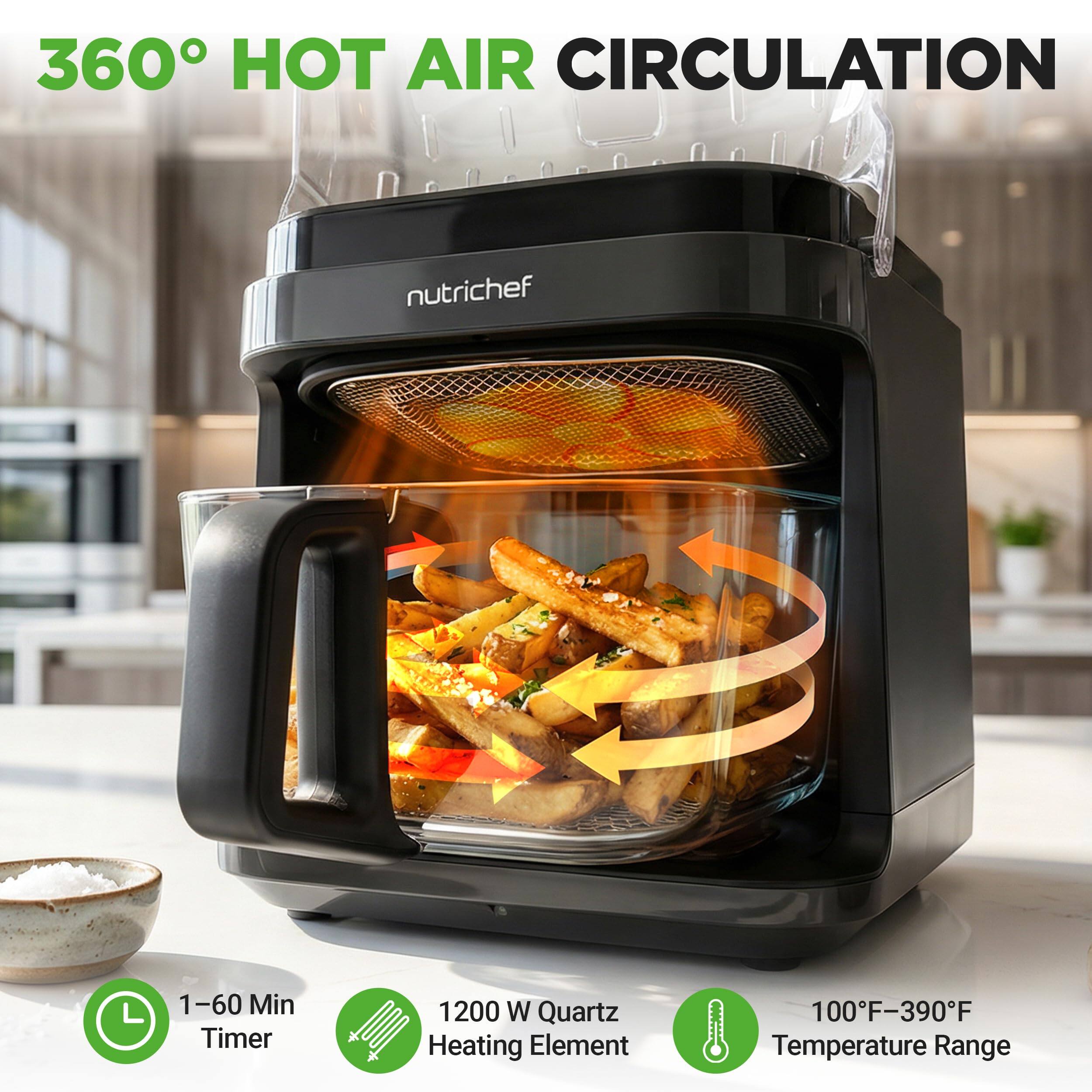 360° HOT AIR CIRCULATION  
nutrichef  
1-60 Min Timer  
1200 W Quartz Heating Element  
100°F-390°F Temperature Range