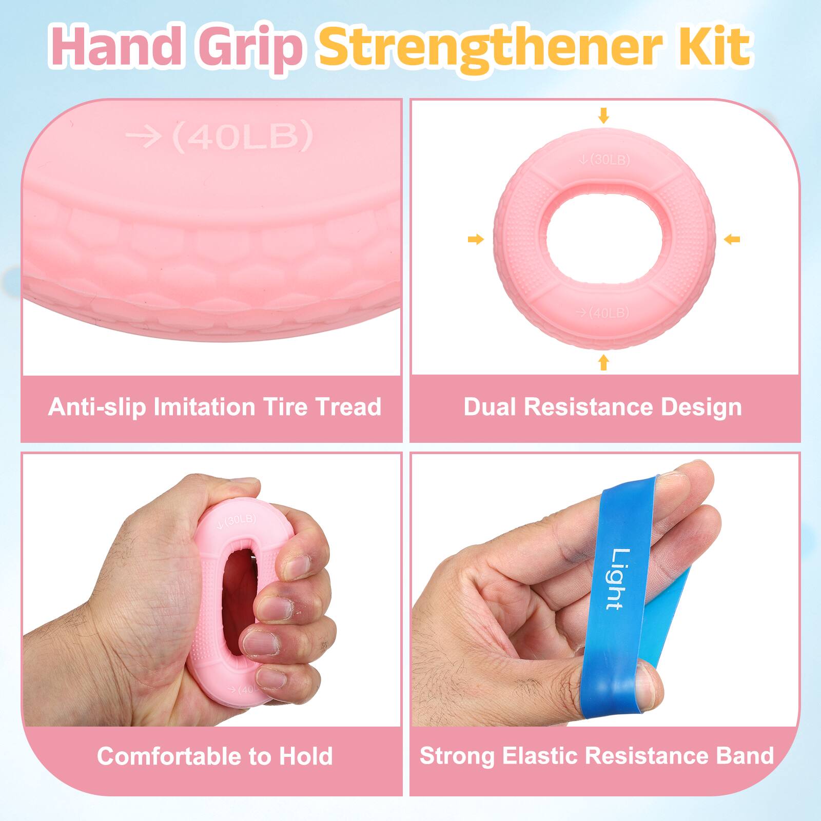 Hand Grip Strengthener Kit (40LB) (30LB) (40LB) Anti-slip Imitation Tire Tread Dual Resistance Design Light Comfortable to Hold Strong Elastic Resistance Band
