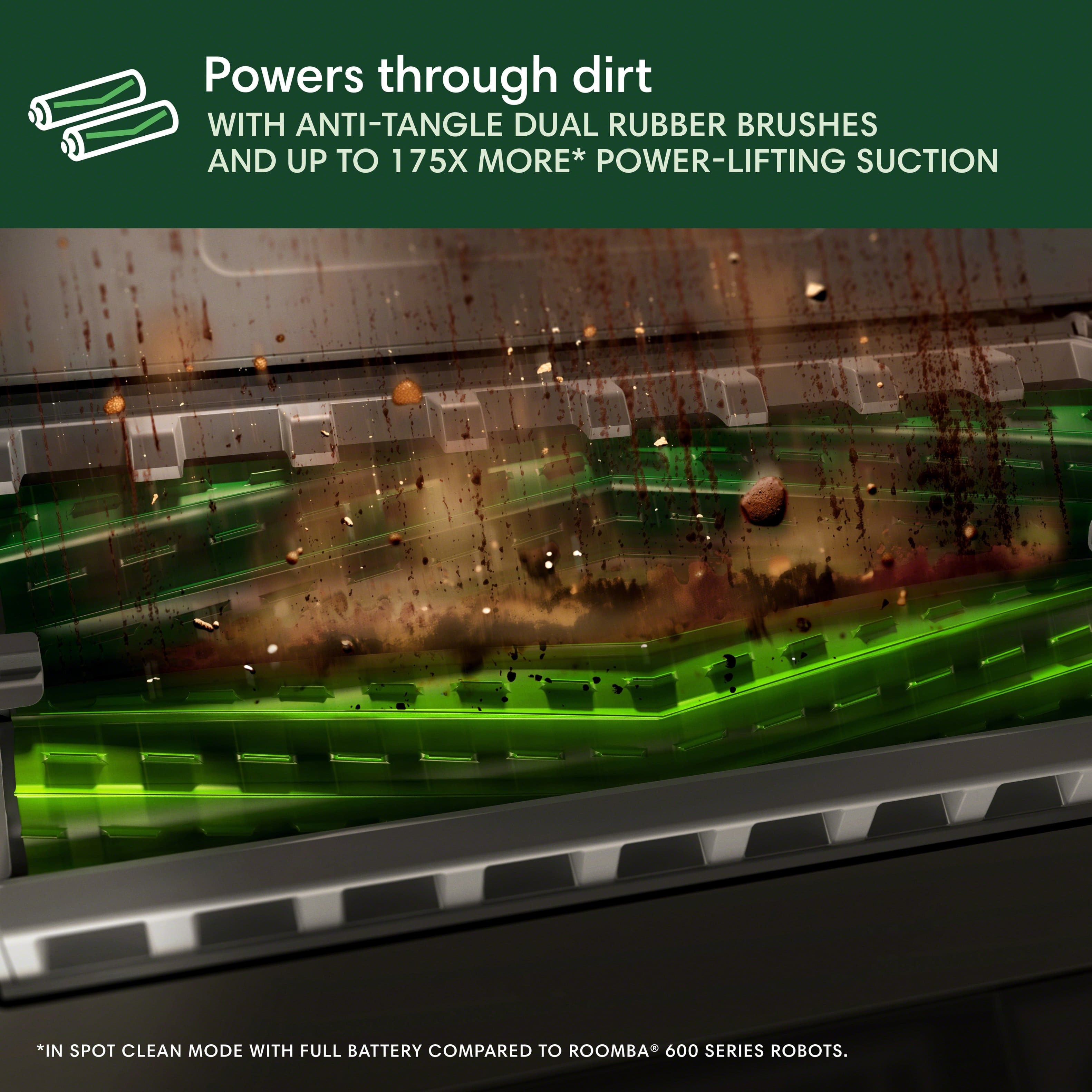 Powers through dirt
WITH ANTI-TANGLE DUAL RUBBER BRUSHES
AND UP TO 175X MORE* POWER-LIFTING SUCTION
*IN SPOT CLEAN MODE WITH FULL BATTERY COMPARED TO ROOMBA® 600 SERIES ROBOTS.