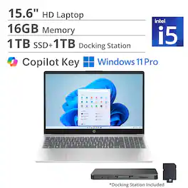 HP - 15.6" HD Laptop,Intel Core i5-1334U,16GB DDR4,1TB SSD+1TB Dock Set,Iris Xe Graphics,HD Camera,Win 11 Pro - Silver
