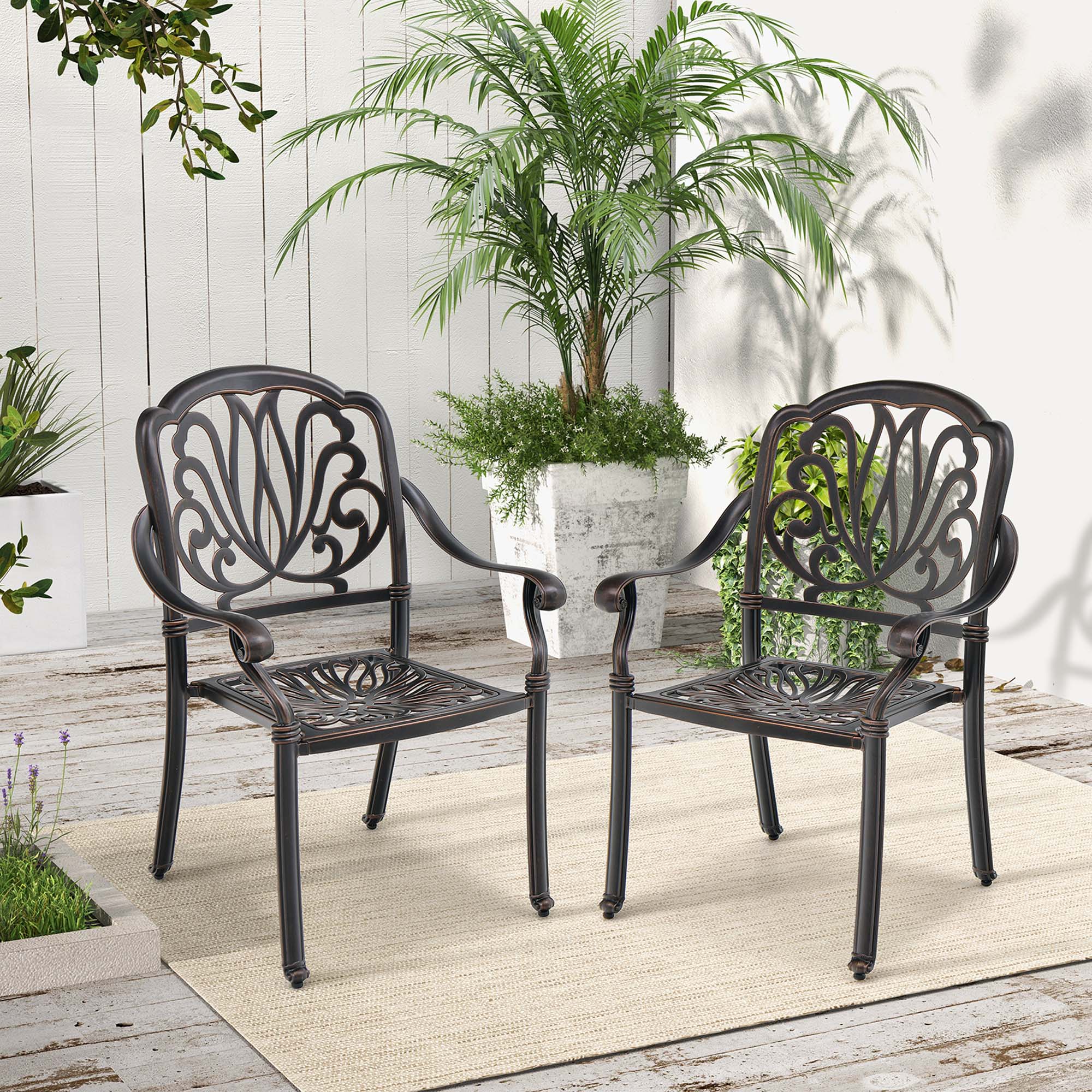 Alt View 2. Costway - Costway 2 PCS Patio Cast Aluminum Dining Chairs Armrests Outdoor Stackable - Brown.