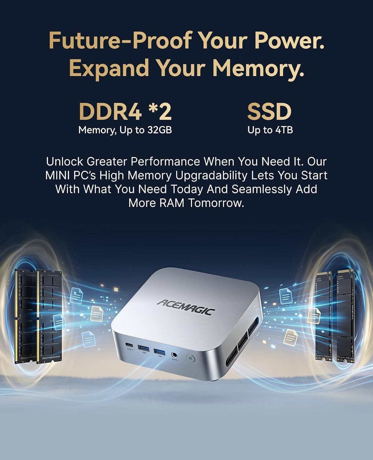Future-Proof Your Power. Expand Your Memory.

DDR4 *2
Memory, Up to 32GB

SSD
Up to 4TB

Unlock Greater Performance When You Need It. Our MINI PC's High Memory Upgradability Lets You Start With What You Need Today And Seamlessly Add More RAM Tomorrow.

ACEMAGIC