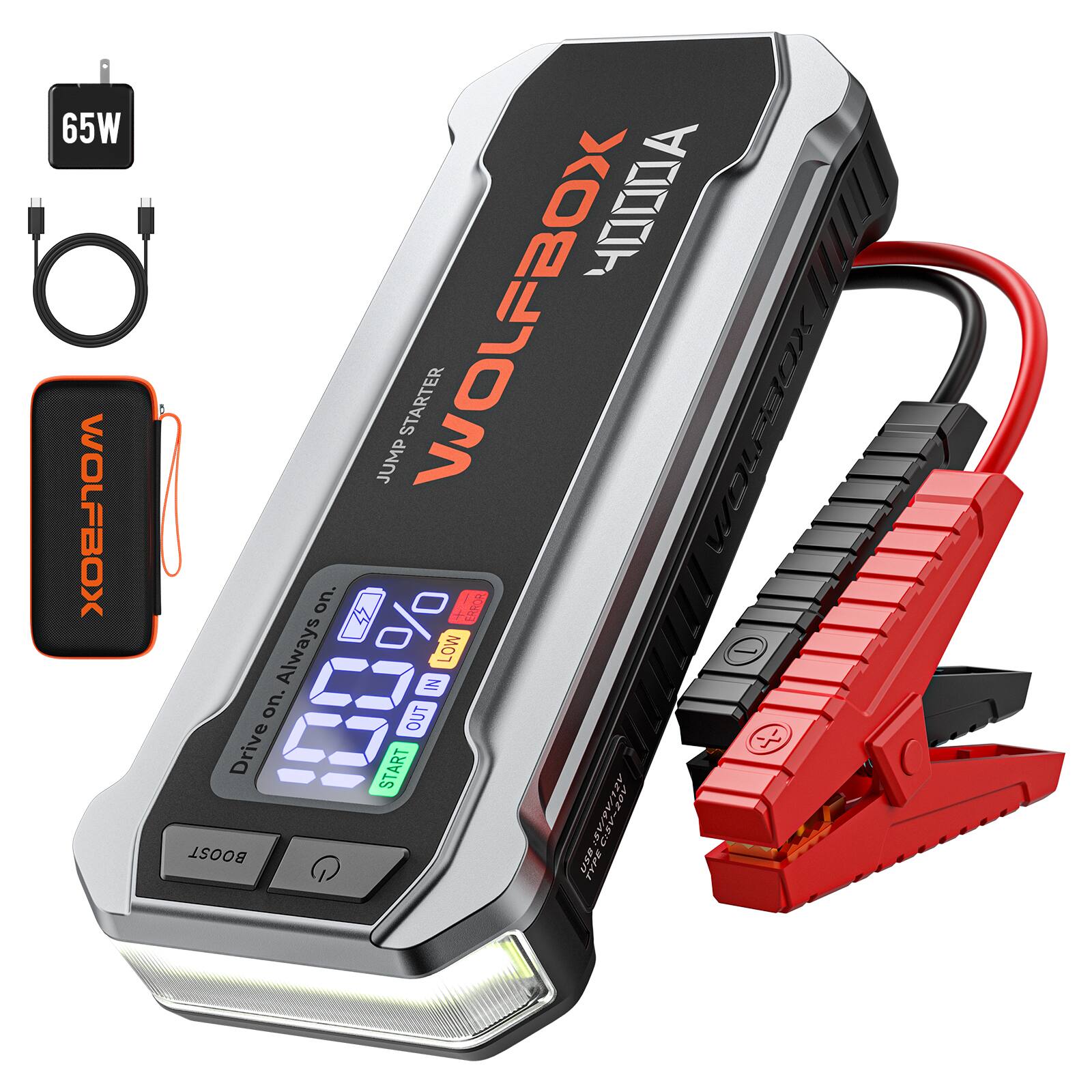 65W
WOLFBOX JUMP STARTER
WOLFBOX
Drive on. Always on.
69
START
LOW
OUT
IN
BOOST
1500B