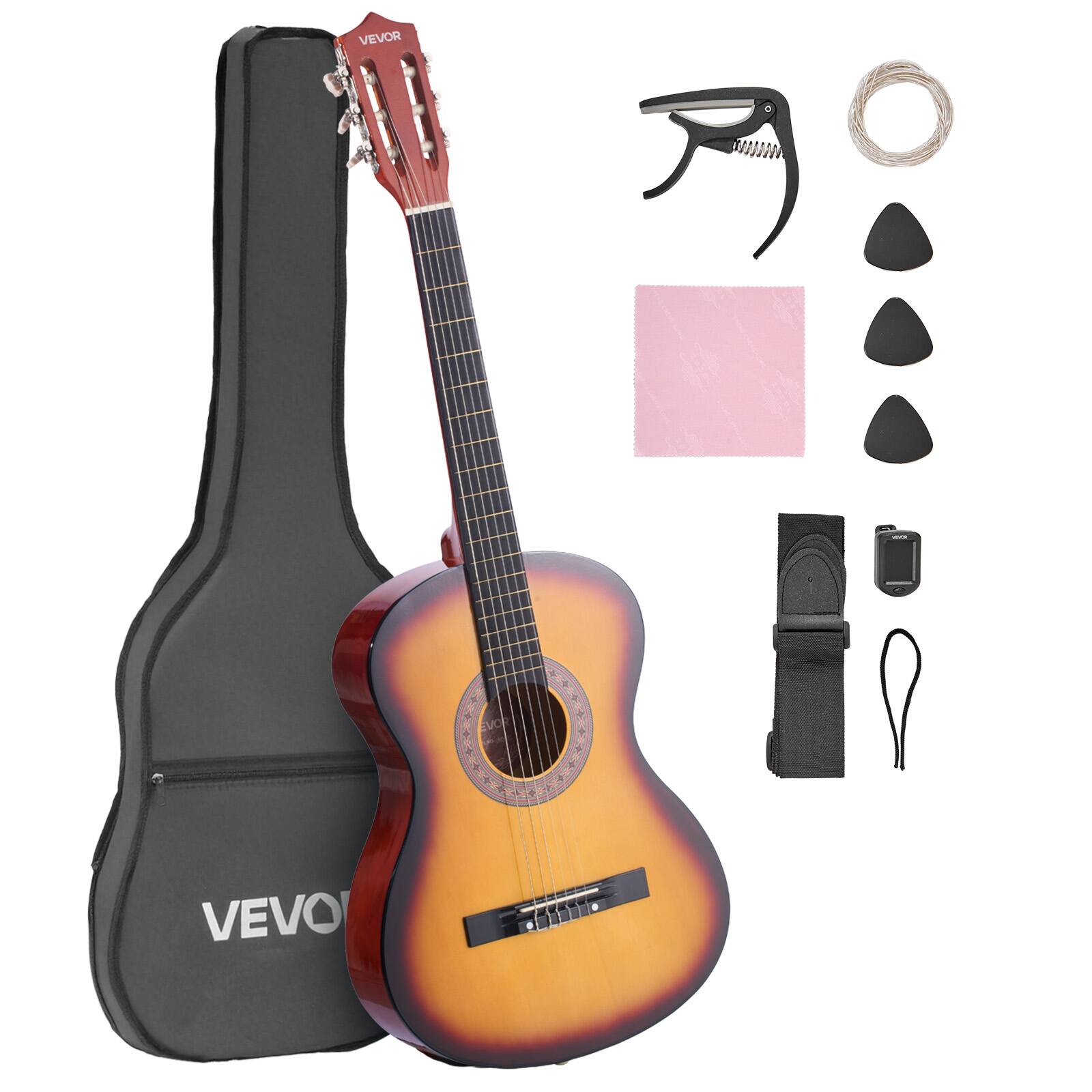 VEVOR - 38-Inch Classical Guitar Starter Set, Wooden Acoustic Guitar with Nylon Strings, Gig Bag, Strap, Tuner, Extra Strings - Sunburst