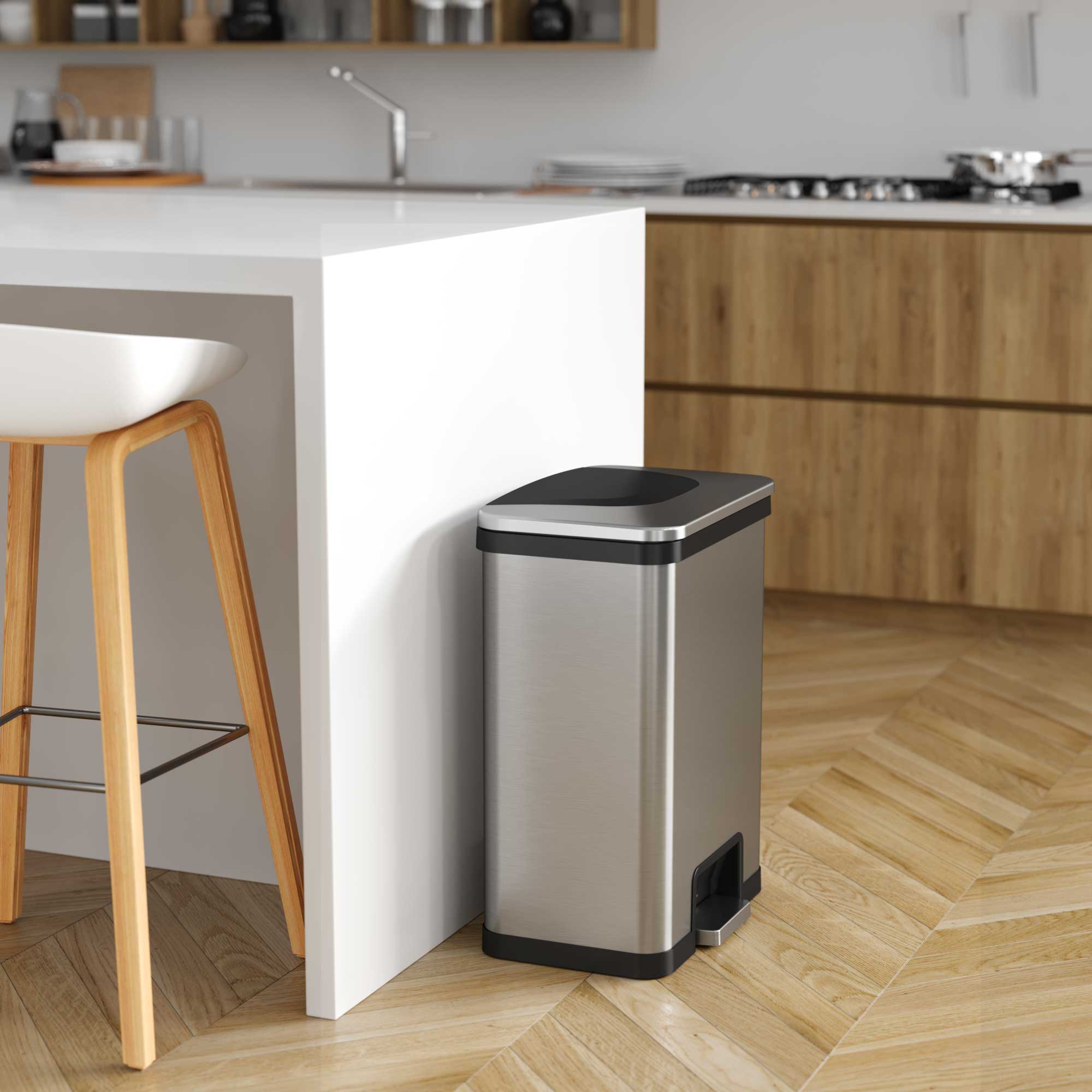 Left. iTouchless - 13 Gallon AutoStep Stainless Steel Sensor Kitchen Trash Can with AbsorbX Odor Filter - Silver.