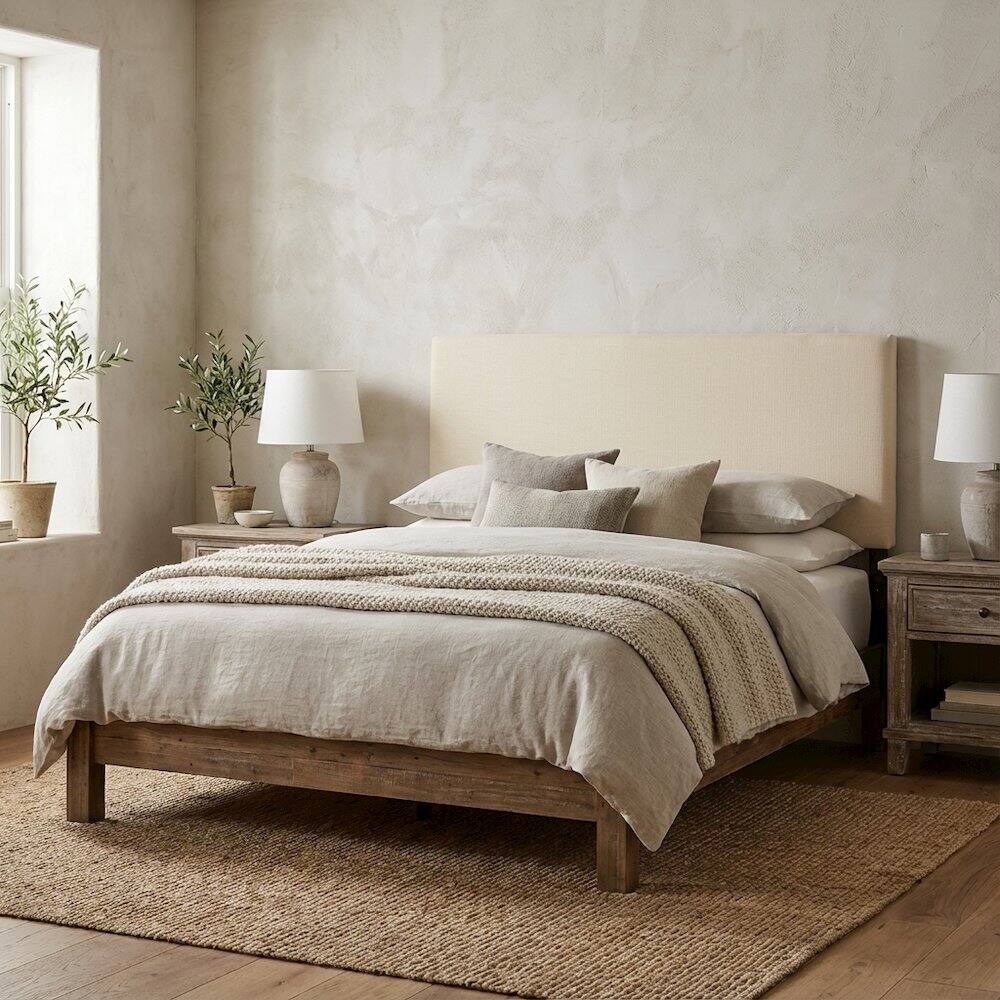 Angle. FurniFact - Upholstered Fabric King Headboard with Padded Design and Durable Frame - Beige.