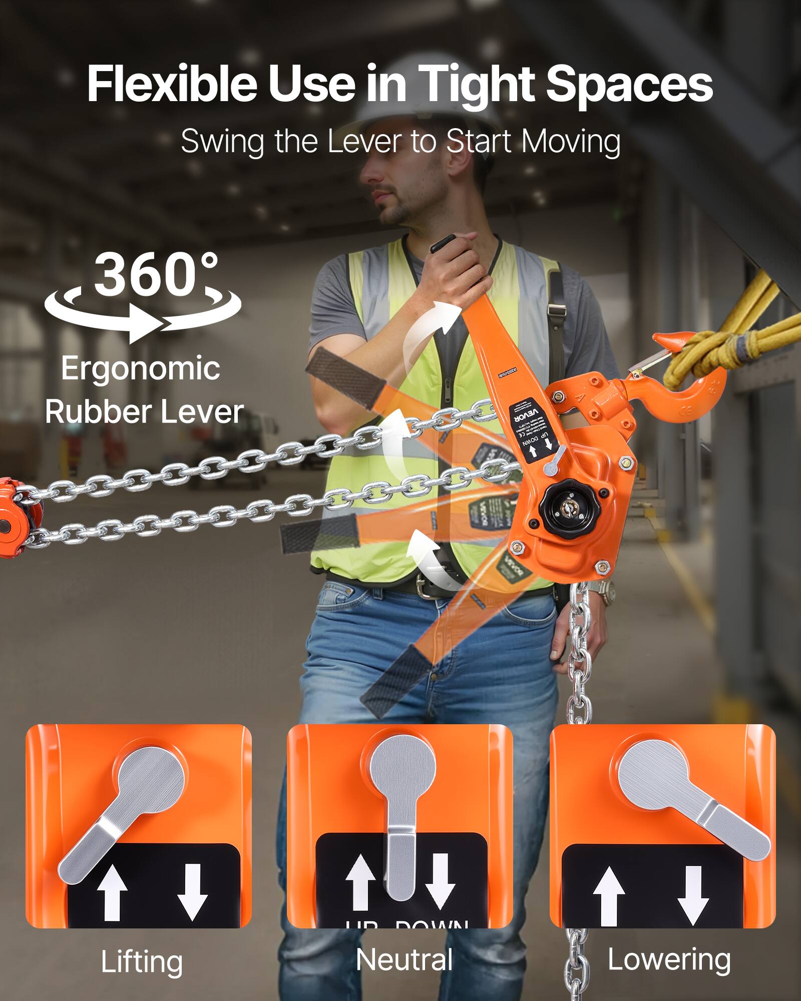 Flexible Use in Tight Spaces  
Swing the Lever to Start Moving  

360°  
Ergonomic Rubber Lever  

Lifting  
Neutral  
Lowering