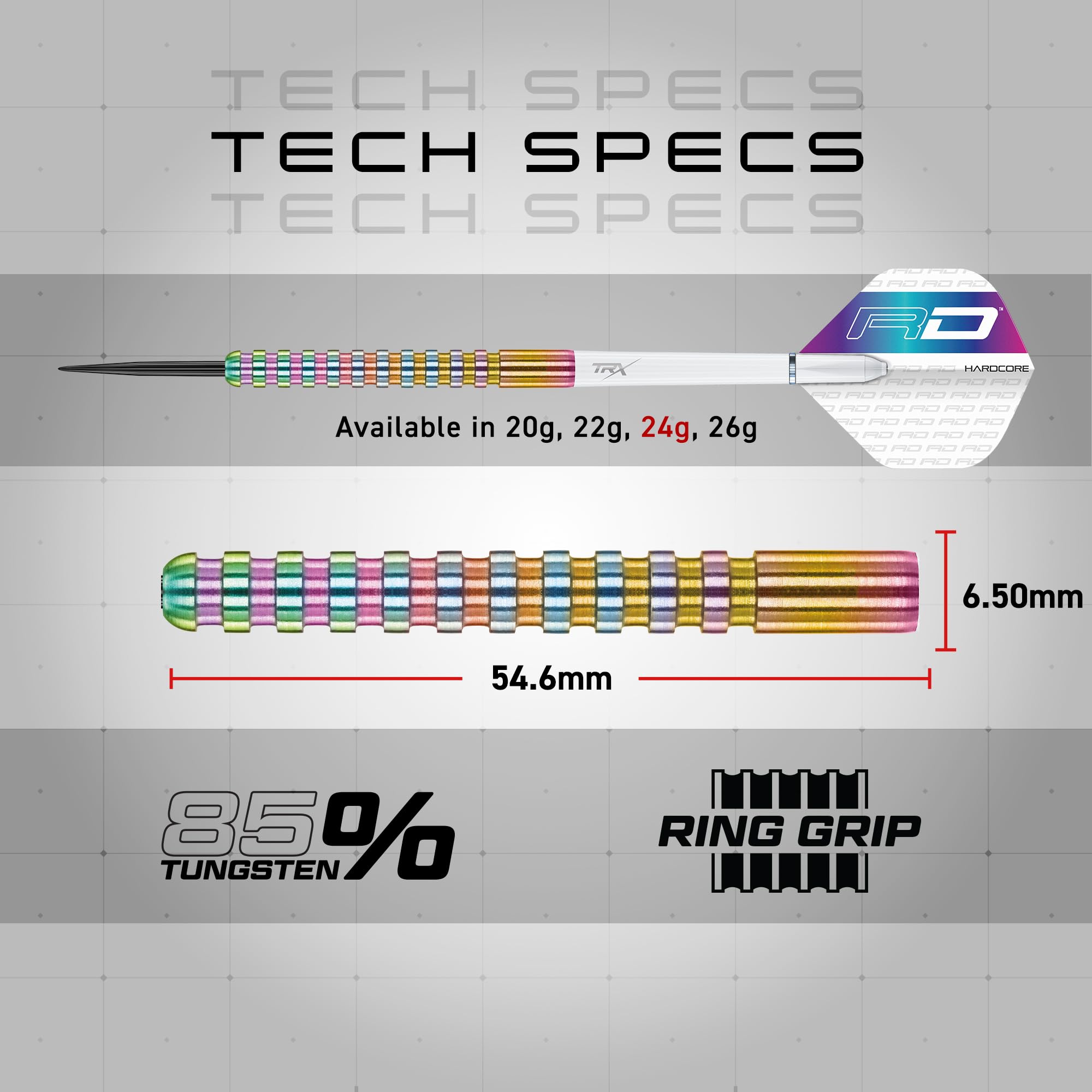 TECH SPECS  
Available in 20g, 22g, 24g, 26g  
6.50mm  
54.6mm  
85% TUNGSTEN  
RING GRIP
