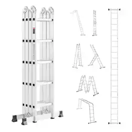 VEVOR - Multi-Purpose Folding Ladder, 7-in-1 Tall Extension Step Ladder, A Frame 5 Step Telescoping Ladder, 19ft Reach Height - Silver