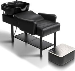 Winado - Salon Shampoo Chair Ergonomic Shampoo Bowl Barber Backwash Unit with Sink, Storage Shelf, Footrest, Retractable Sprayer - Black