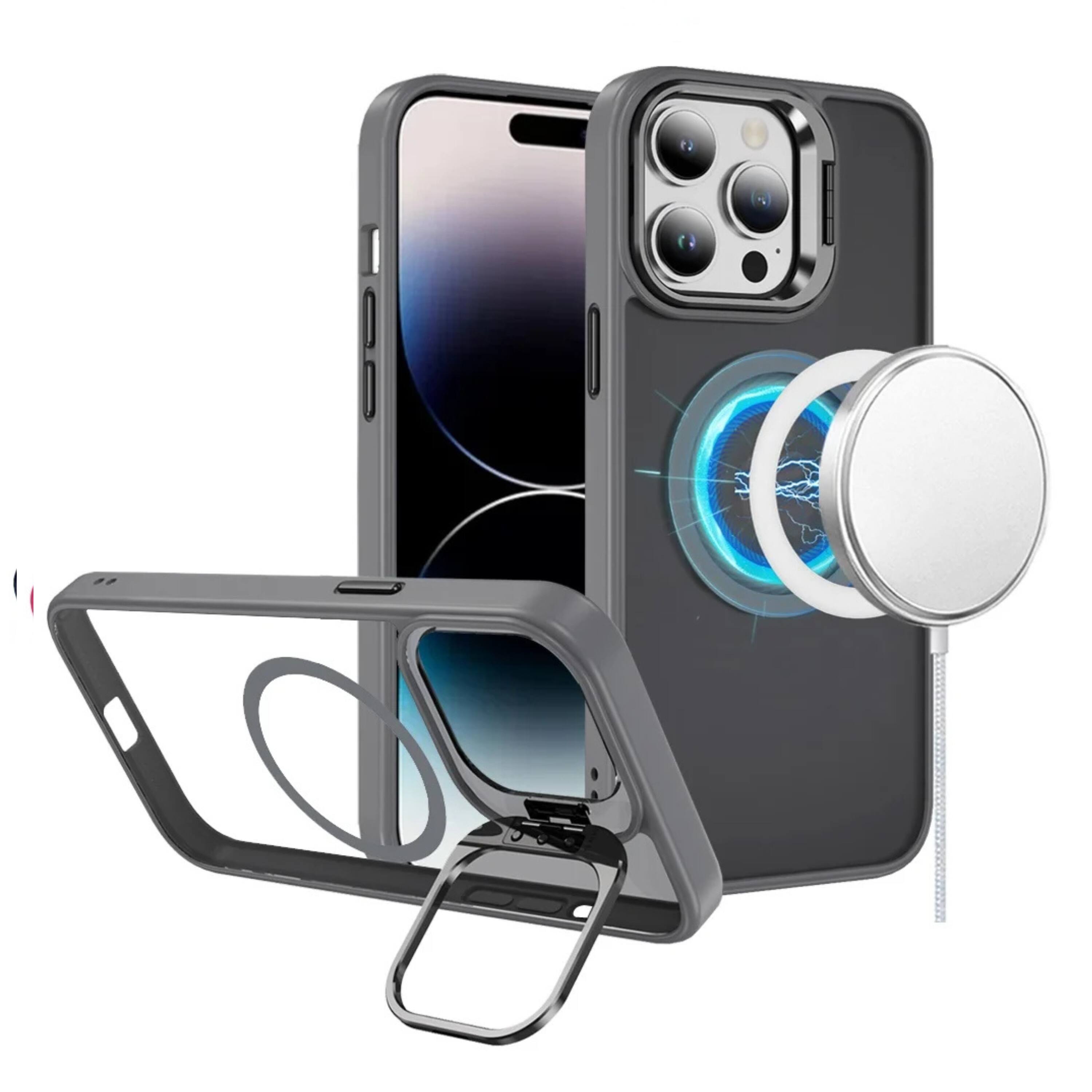 Front. Kitcheniva - Matte Hybrid Phone Case With Lens Protection And Stand For iPhone 15 Pro Max Gray - Gray.
