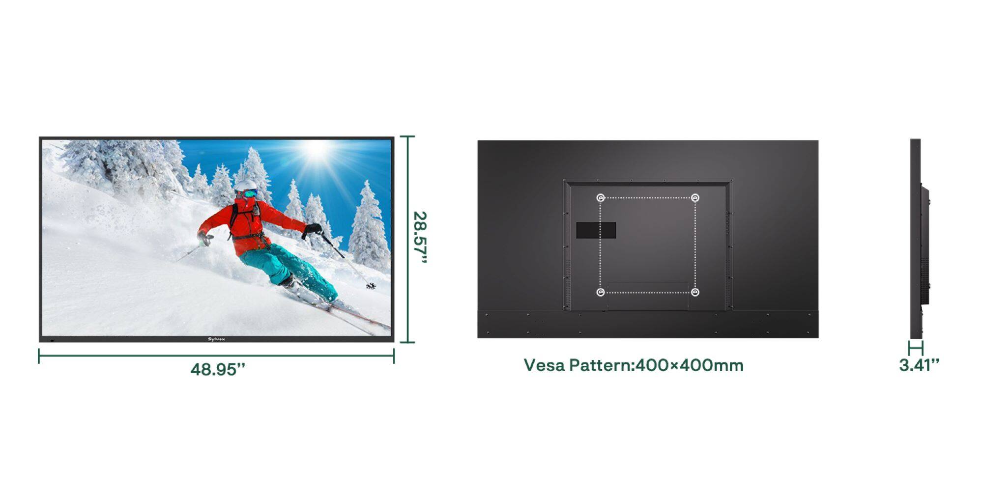 28.57"  
48.95"  
Vesa Pattern: 400x400mm  
H 3.41"