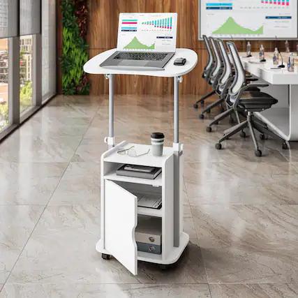 Front. TinyHomie - Techni Mobili Sit-to-Stand Rolling Adjustable Laptop Cart With Storage White - White.