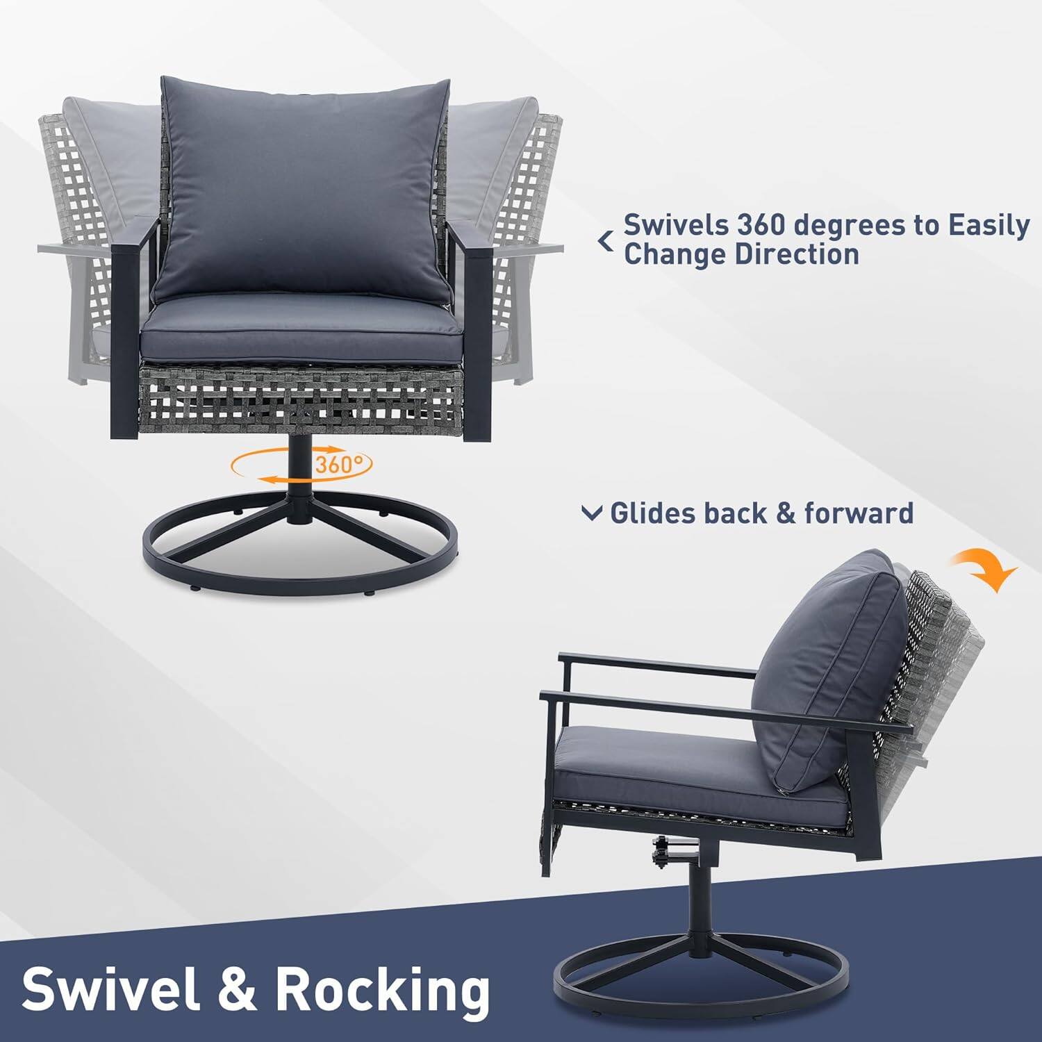 Swivels 360 degrees to Easily Change Direction  
Glides back & forward  
Swivel & Rocking