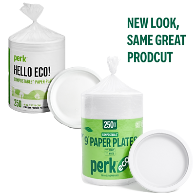 NEW LOOK, SAME GREAT PRODUCT

perk HELLO ECO!
COMPOSTABLE PAPER PLA
250 PREMIUM FOOD PAPER PLATES

250 COMPACTABLE 9" PAPER PLATES
COMPOSTABLE
perk eco