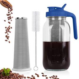 Dapper Styles - Cold Brew Coffee Maker Mason Jar Pitcher With Stainless Steel Filter Pour Spout Handle Lid Heavy Duty Glass - 1pcs 64oz blue