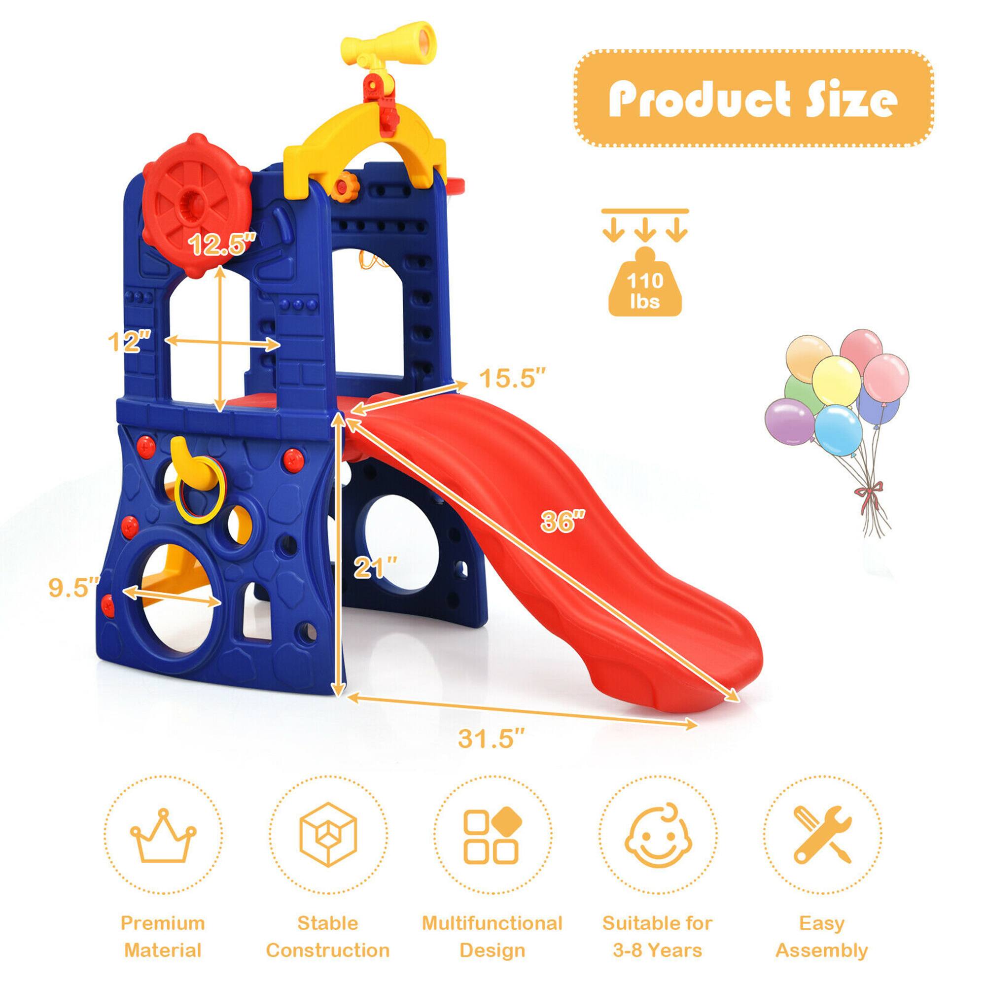 Product Size: 12.5", 110 lbs, 12", 15.5", 9.5", 21", 36", 31.5"

Features: Premium Material, Stable Construction, Multifunctional Design, Suitable for 3-8 Years, Easy Assembly