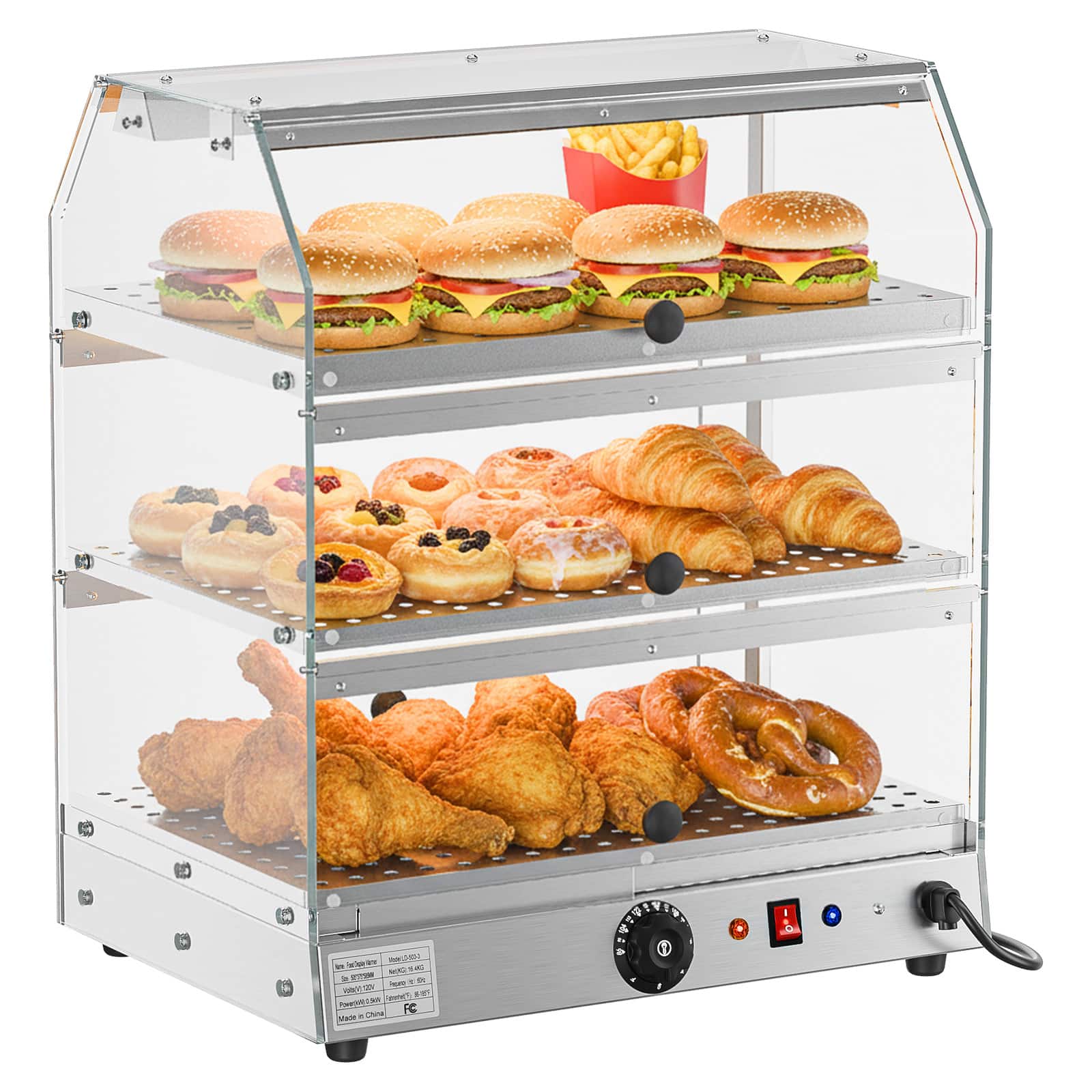 Winado - 3-Tiers Electric 500W Food Warmer Display Case Commercial Food Pizza Showcase - Silver